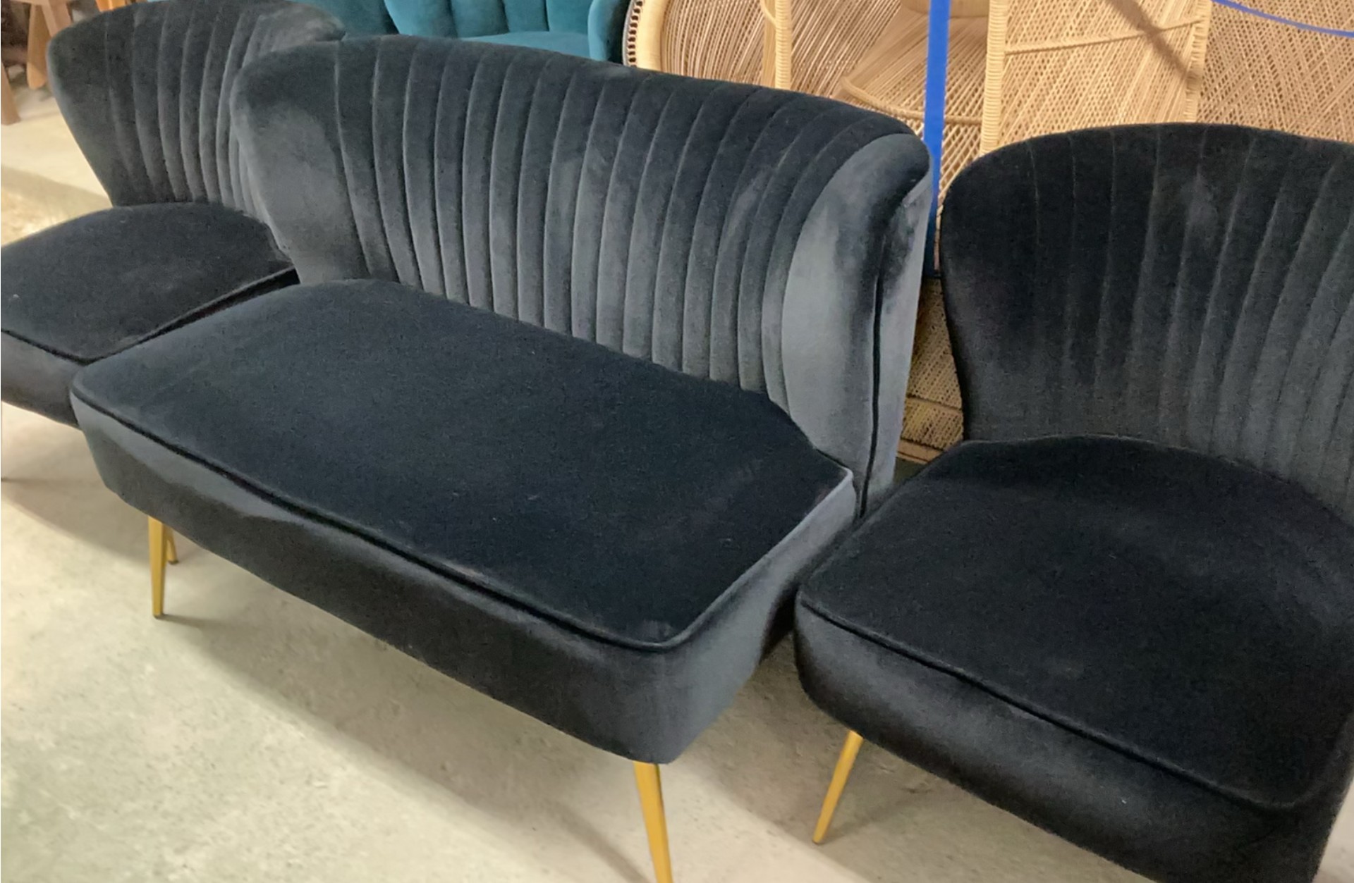 MCM Inspired, Black Velour Settee And Two Matching armless Chairs - image 7 of 8