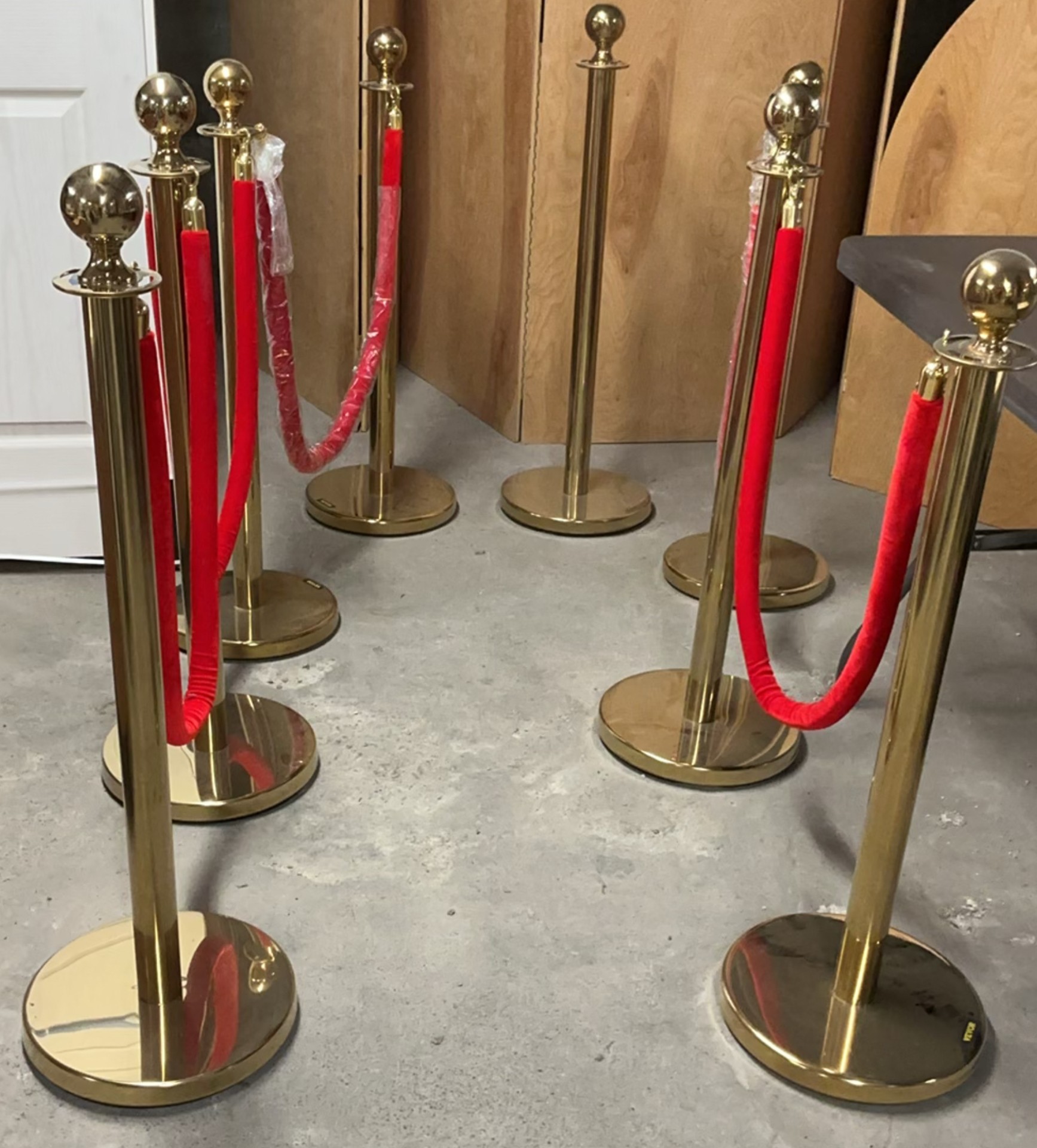 8 Brass Stanchion Posts, Red Velvet Ropes - image 1 of 7