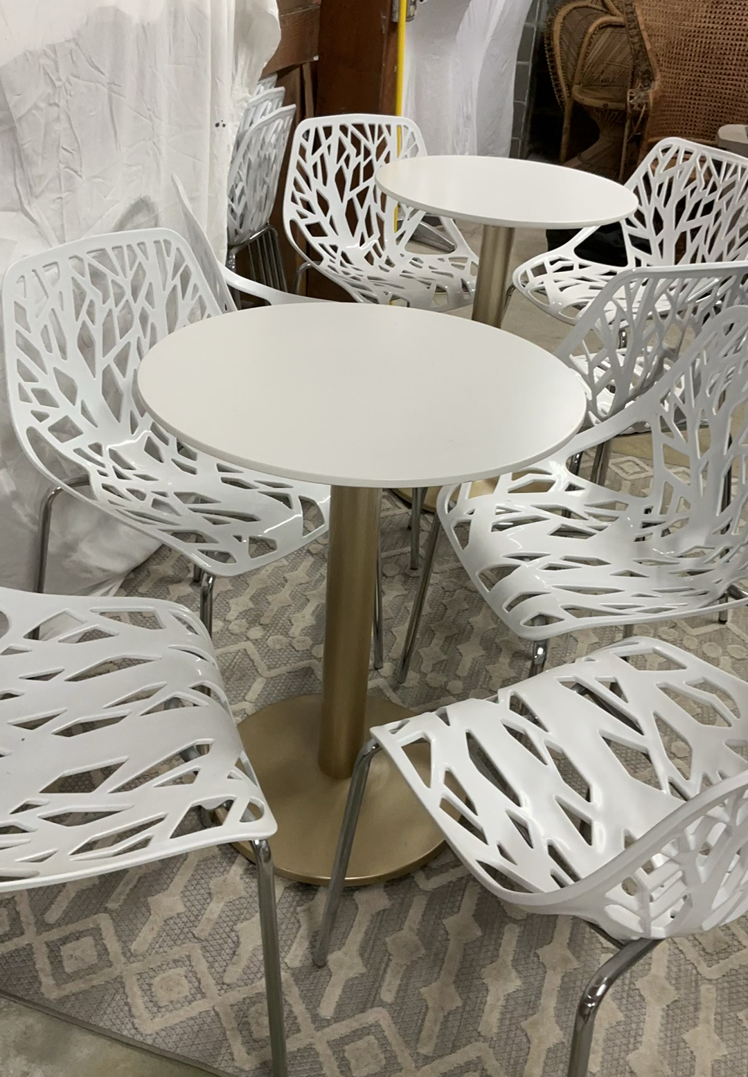 8 White Birds Nest Plastic Chairs, 2 Small Round Tables - image 1 of 5