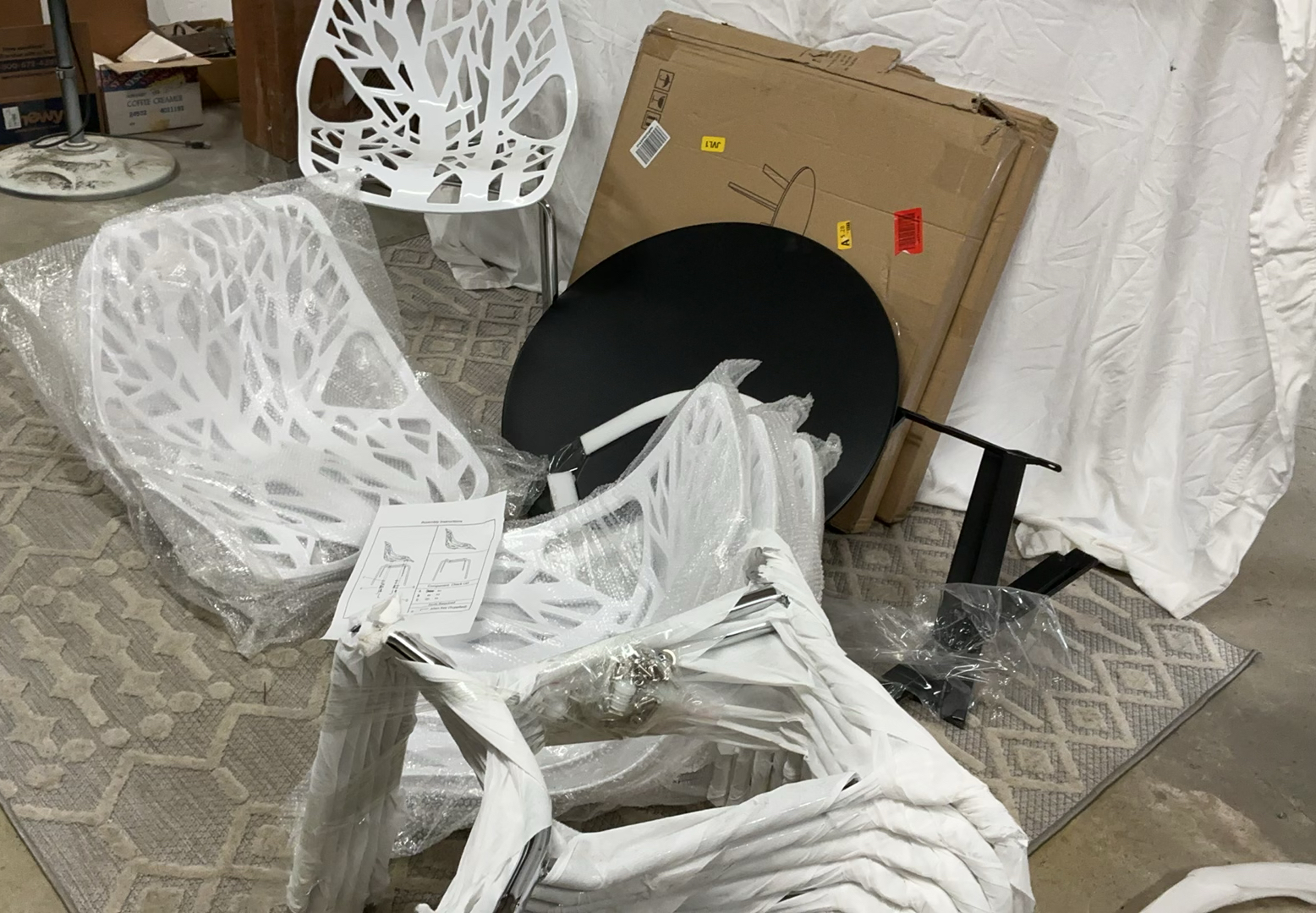 6 White Plastic Bird Nest Chairs, NEW! And 5 Black Metal Tables, NEW! - image 1 of 6