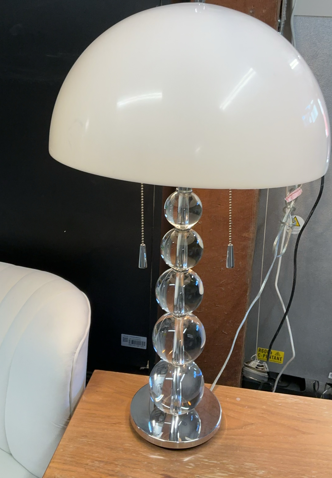 Ivory Velour Cushioned Settee, MCM Nightstand, Contemporary Lamp - image 5 of 8