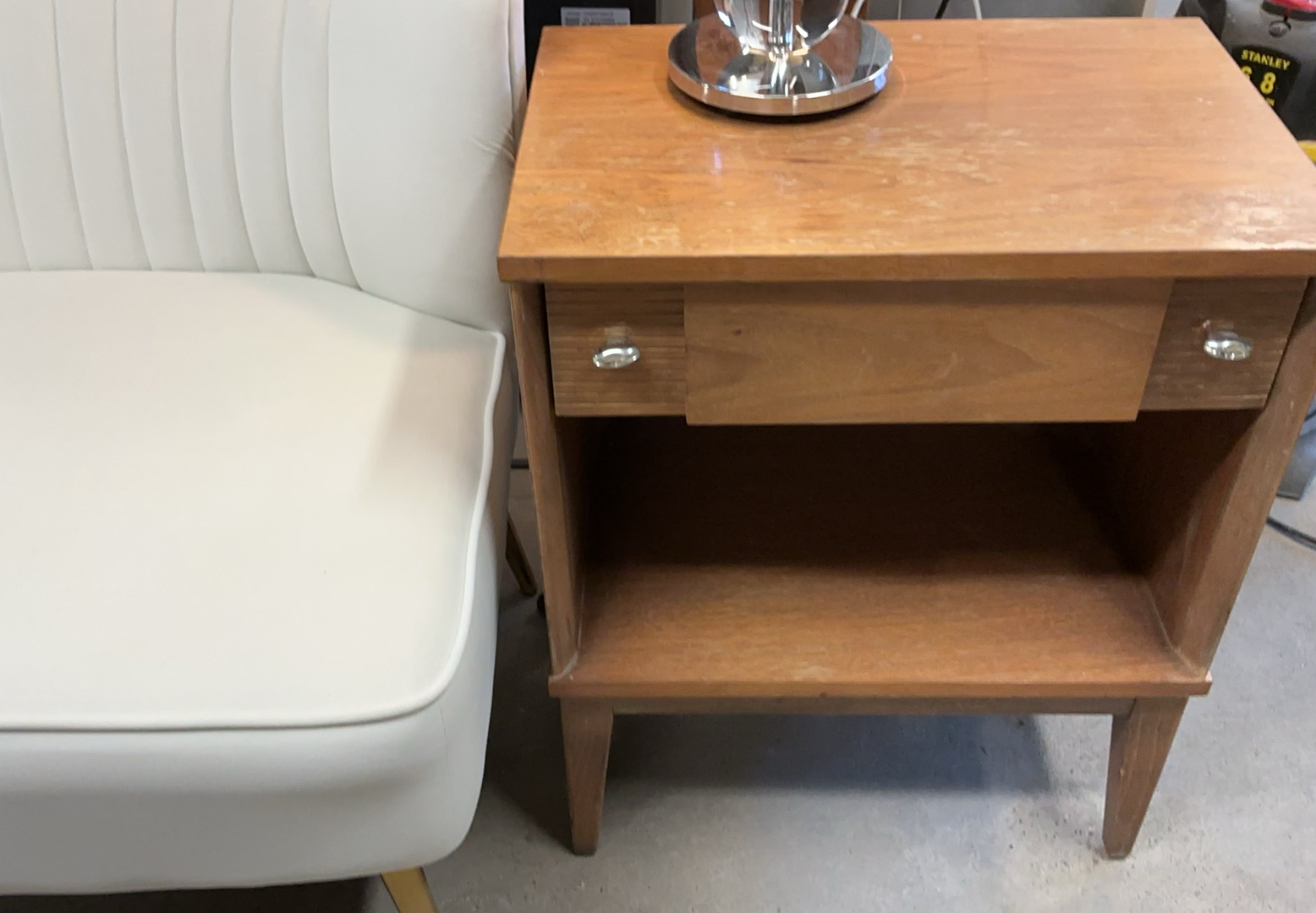 Ivory Velour Cushioned Settee, MCM Nightstand, Contemporary Lamp - image 3 of 8