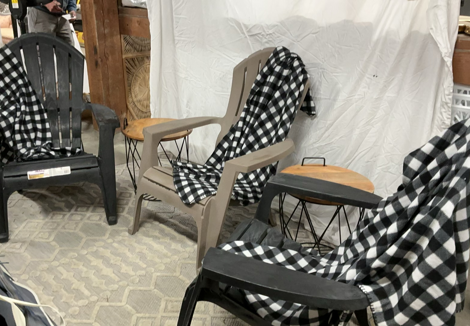 3 Plastic Adirondack Chairs, 2 Metal And Wood Small Tables, 3 Blankets - image 1 of 5
