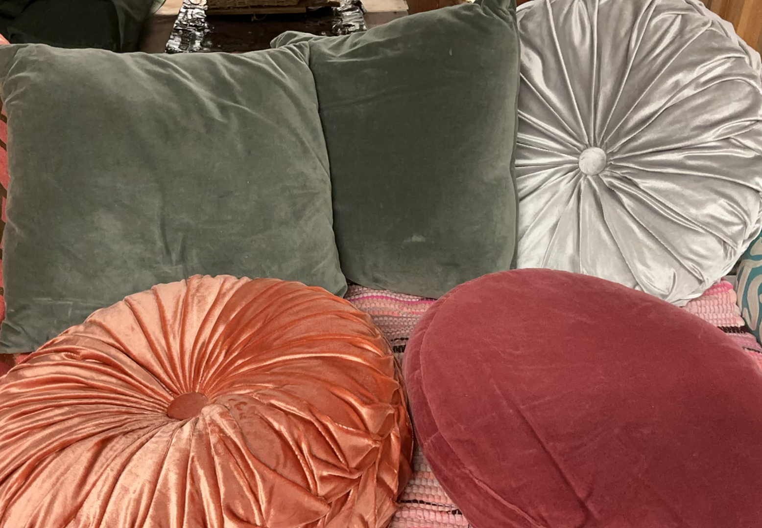 Woven Rug And Throw Pillows, Apricots, Greys, Turquoise - image 5 of 8