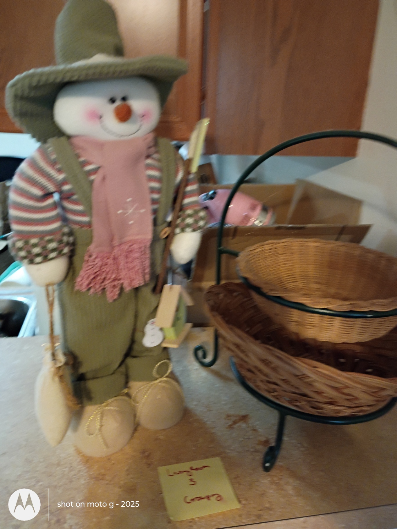 Snowman Figurine and Two-Tier Wicker Basket Stand - image 1 of 3