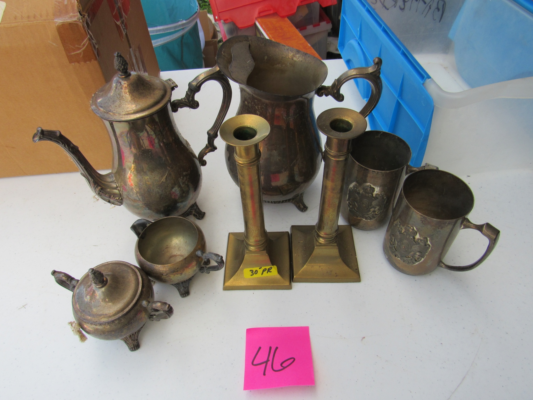 Silver-Tone Tea Service Pieces, Brass Candlesticks, and Metal Mugs - image 1 of 5