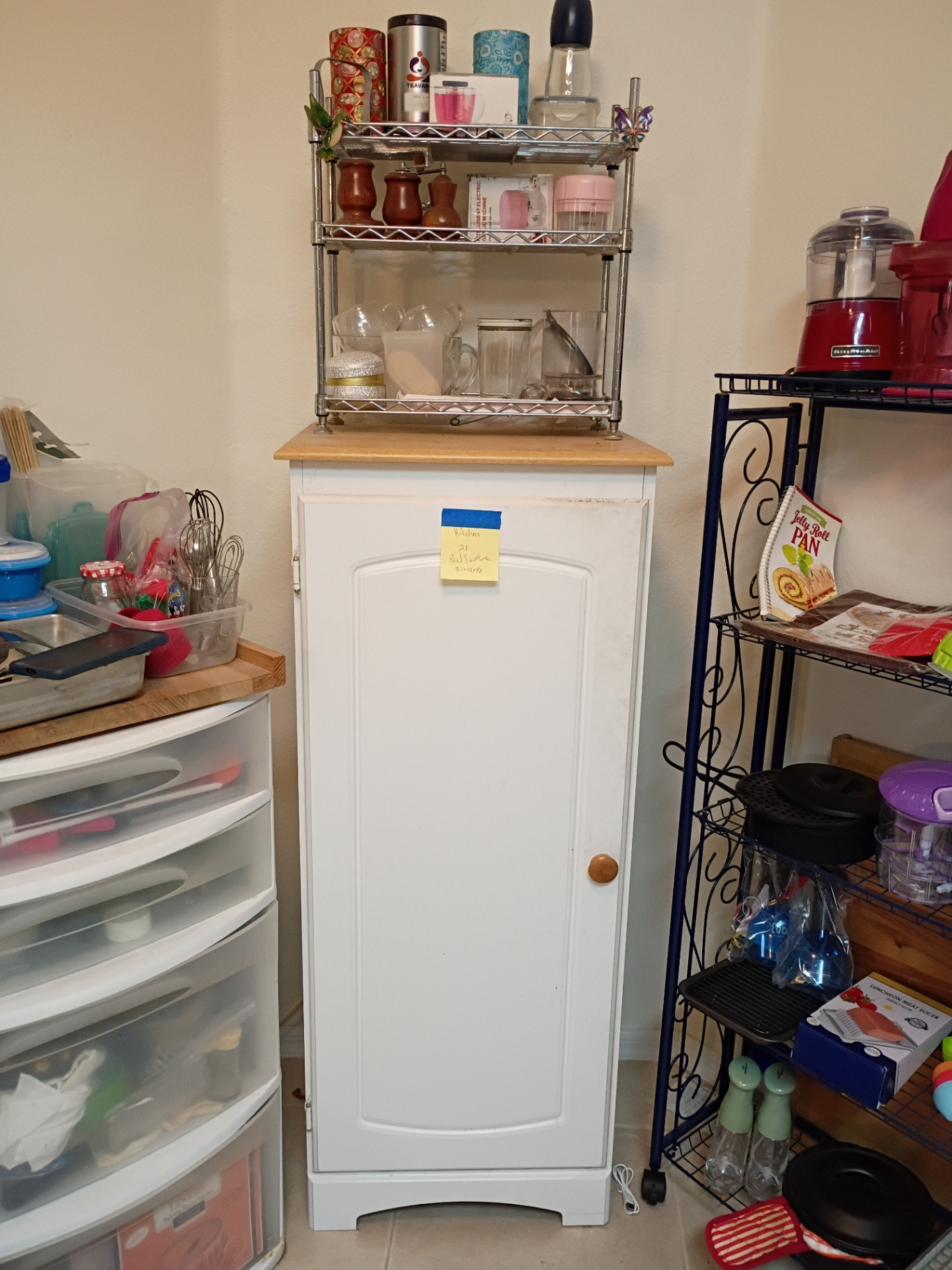 White Storage Cabinet with Metal Shelving and Kitchen Accessories - image 1 of 4