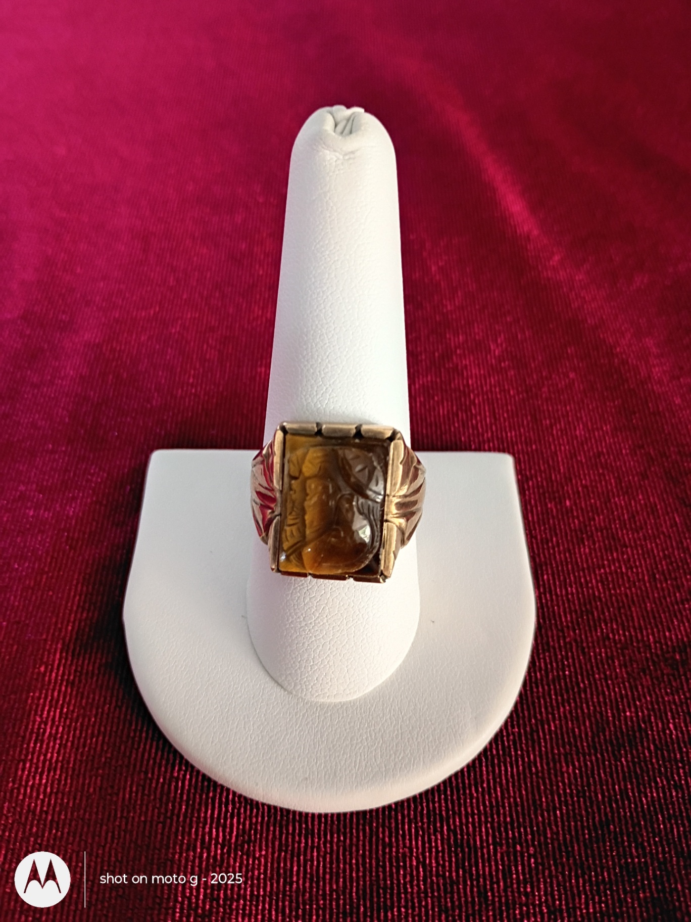 10K Gold Ring with Brown Carved Stone - image 1 of 5