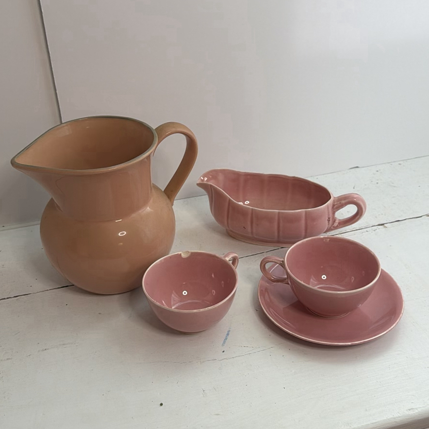Pink Pastel Ceramics pitcher, gravy boat, teacups and saucers -  Including Shenandoah - image 1 of 9
