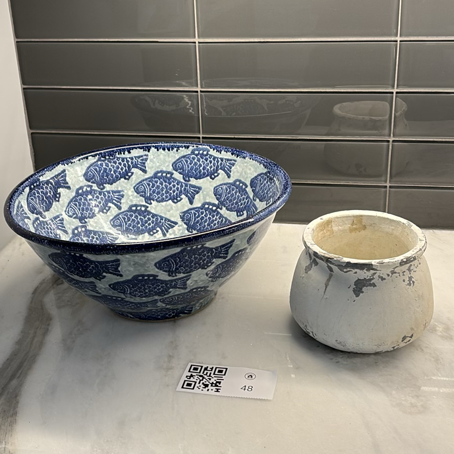 Blue Fish Pattern Ceramic Bowl and White Ceramic Pot - image 1 of 9