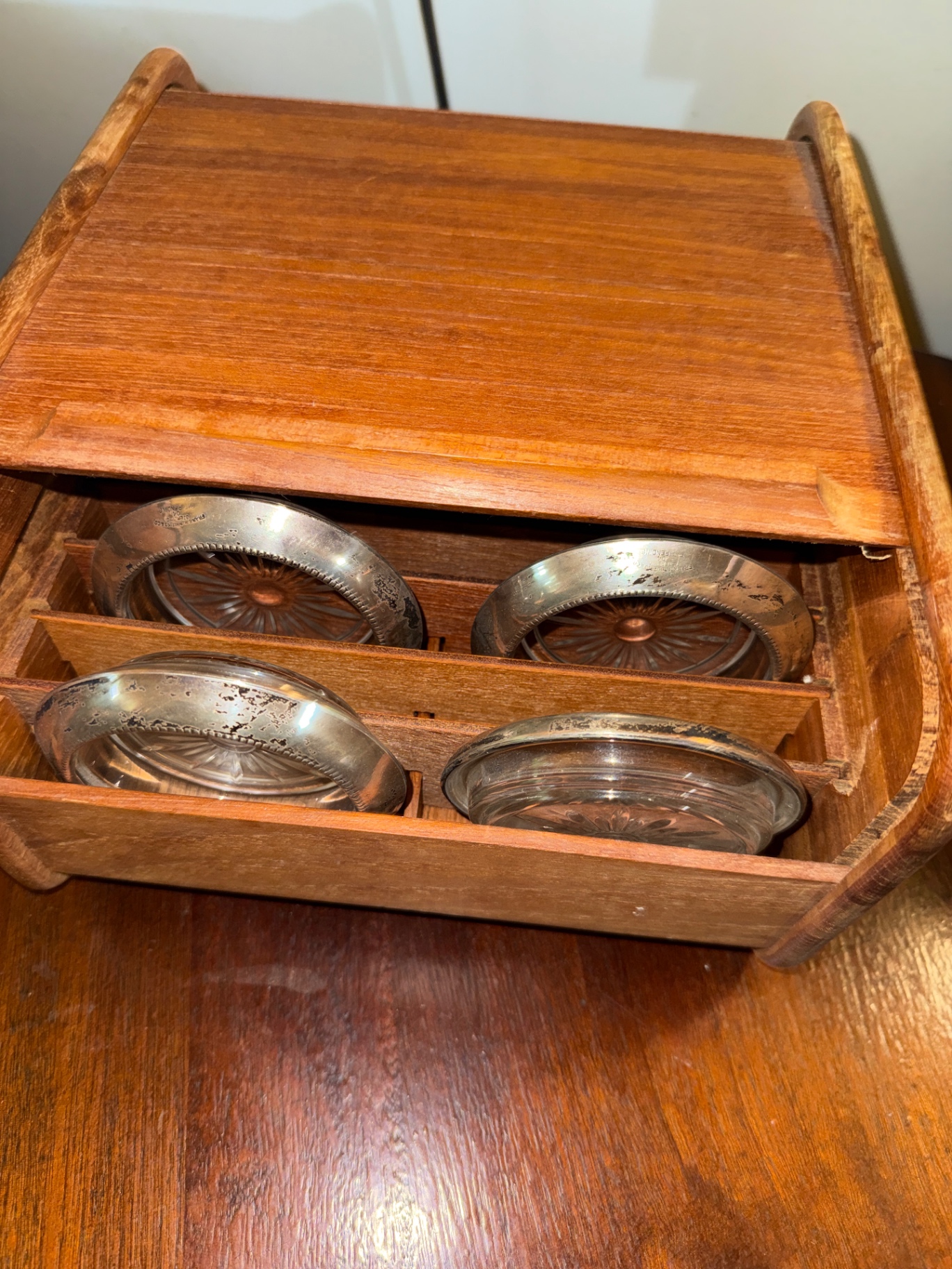Wooden organizer with metal-rimmed glass coasters - image 3 of 3