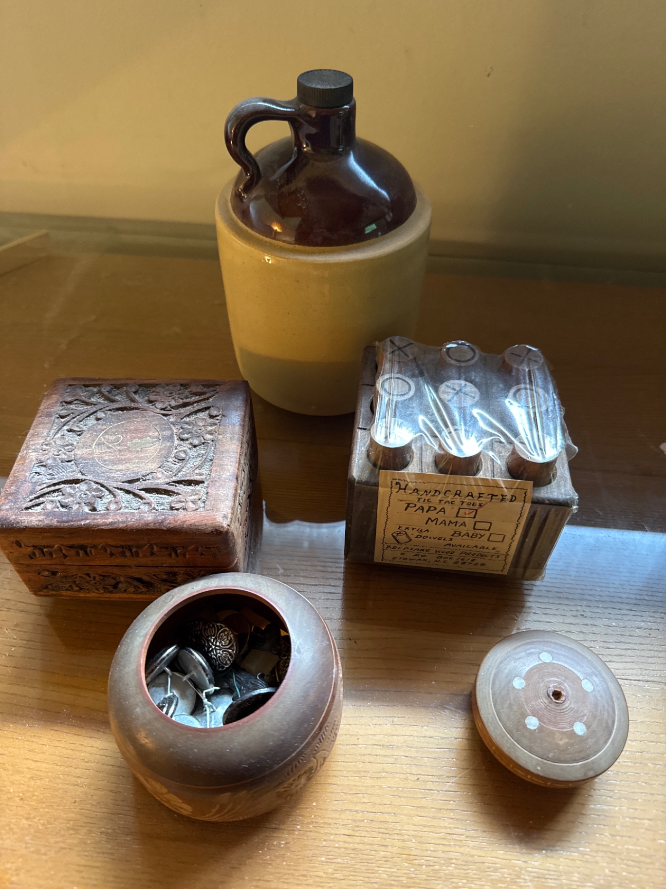 Vintage ceramic jug with crock, carved wooden box, handcrafted tic-tac-toe set, and button-filled ceramic pot - image 1 of 3