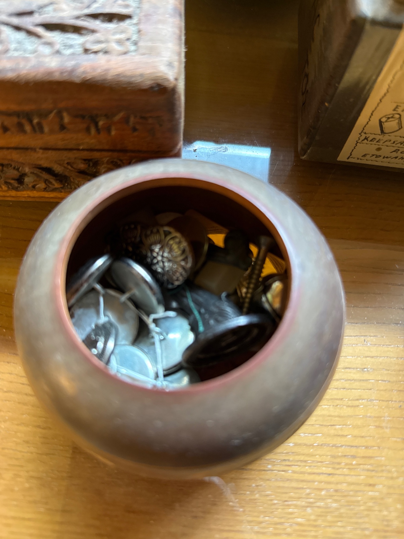 Vintage ceramic jug with crock, carved wooden box, handcrafted tic-tac-toe set, and button-filled ceramic pot - image 3 of 3