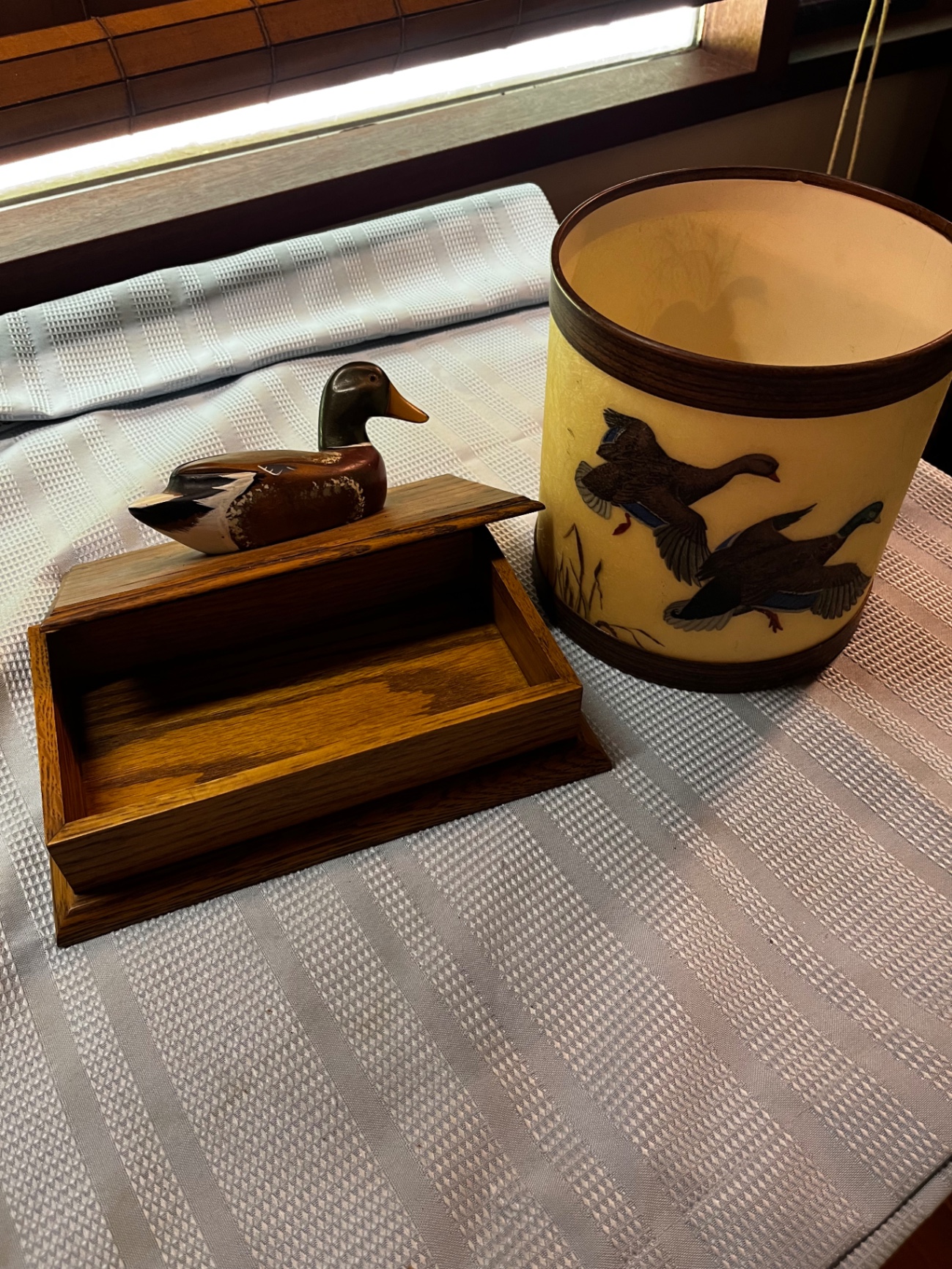 Duck decoy on wooden display stand and hand-painted ceramic bird cylinder - image 2 of 3