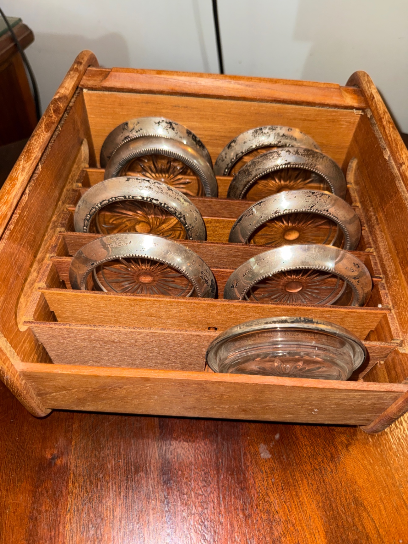 Wooden organizer with metal-rimmed glass coasters - image 1 of 3