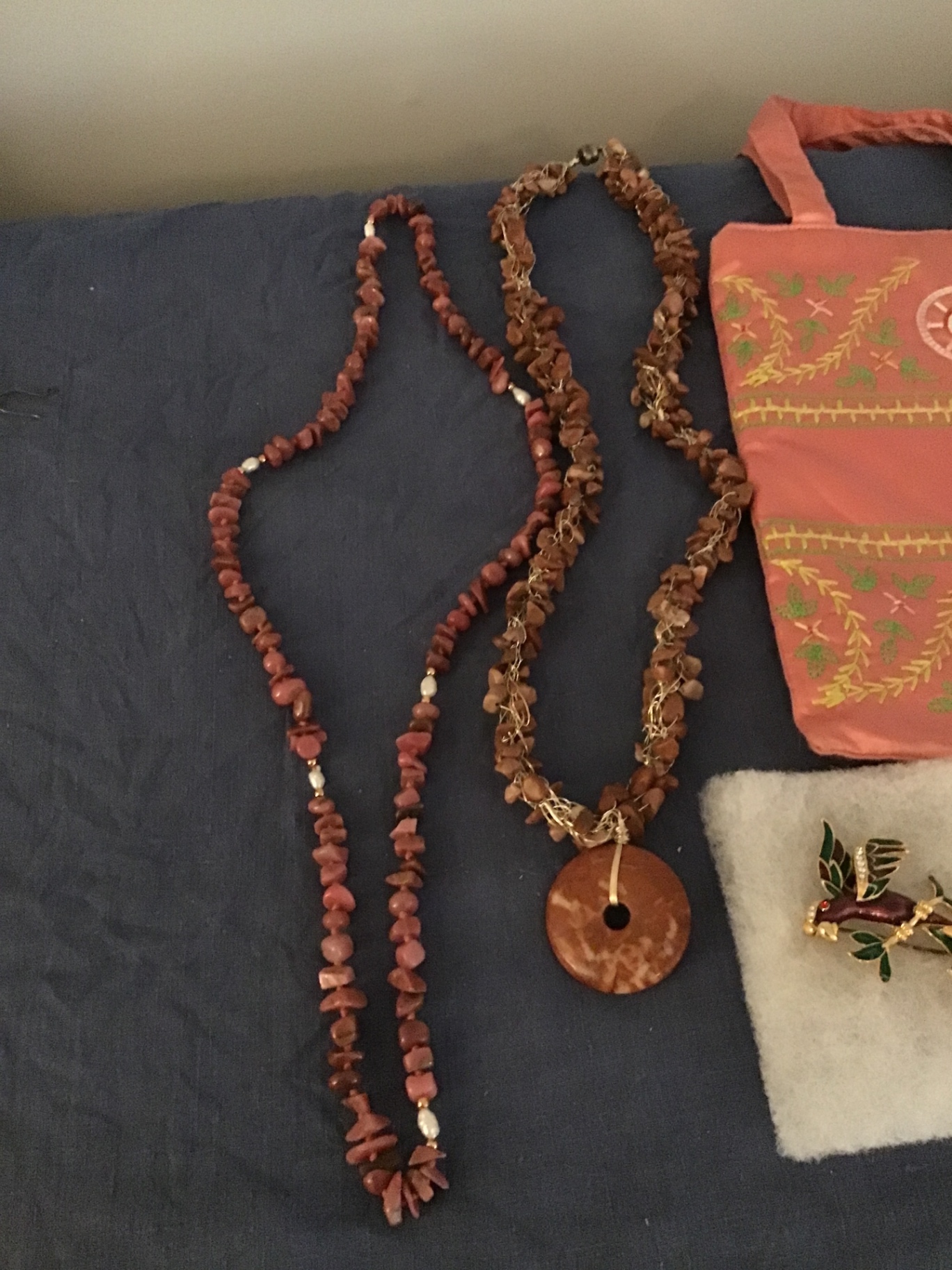 Beaded necklaces, parrot brooch, and embroidered bag - image 2 of 3