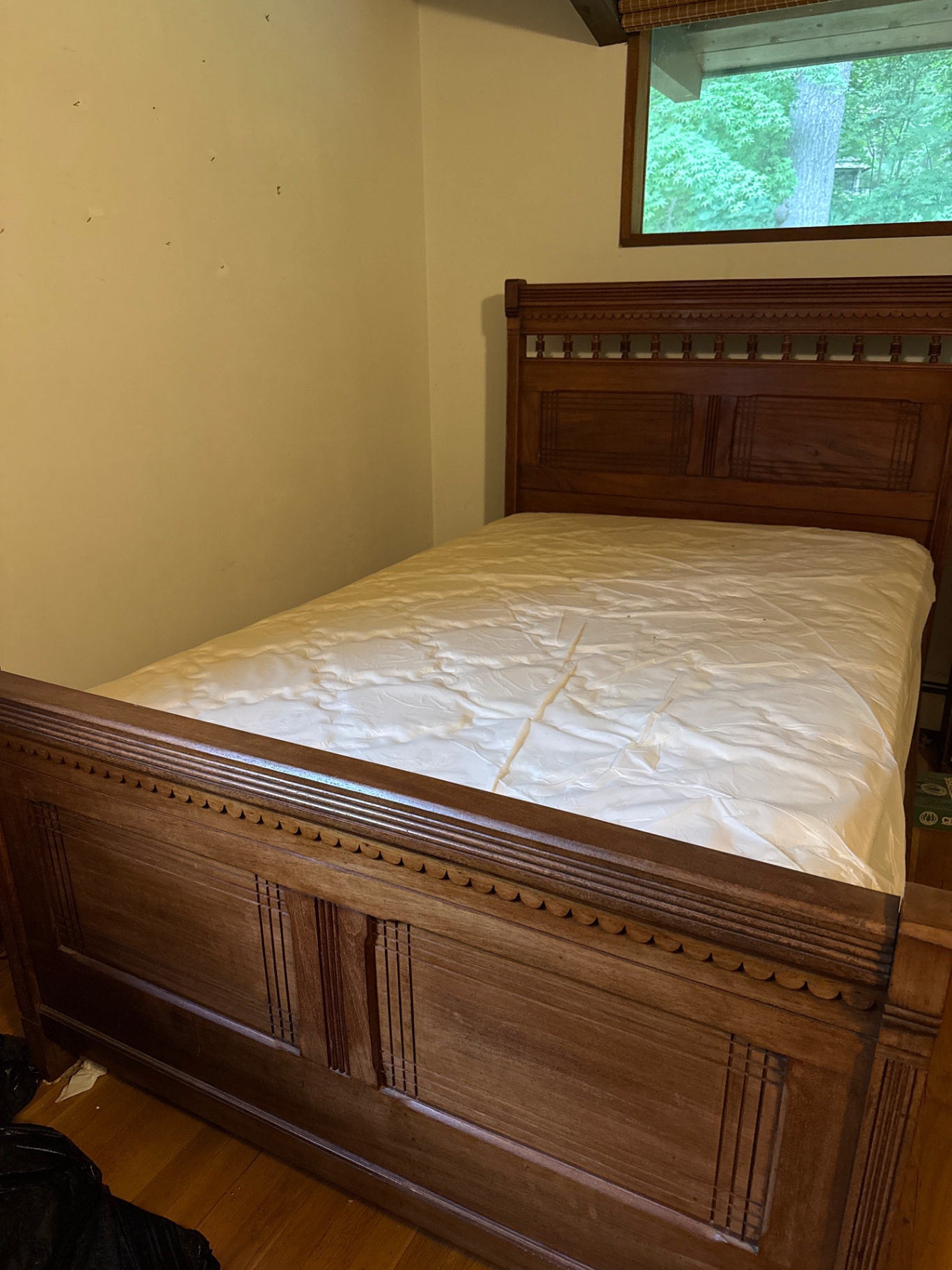 Ornate wooden bed frame with mattress - image 1 of 4