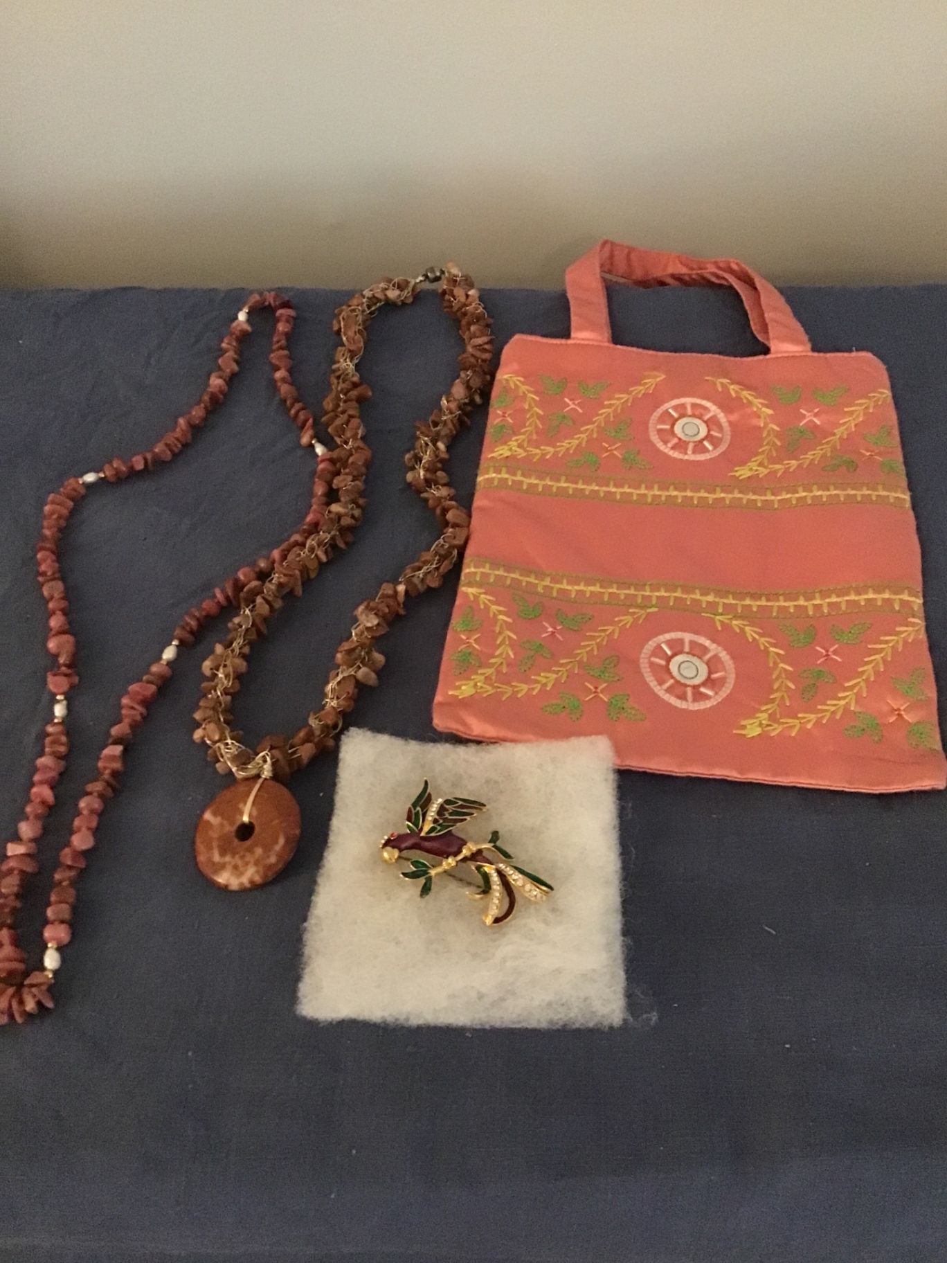 Beaded necklaces, parrot brooch, and embroidered bag - image 1 of 3
