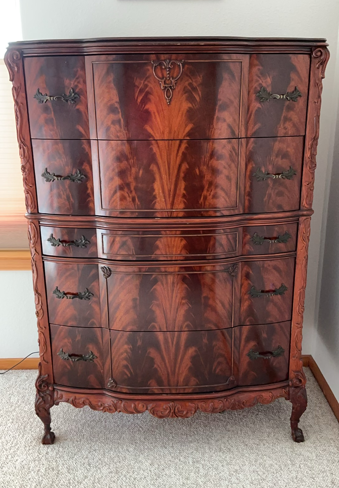 Magnificent Flame Mahogany Louis XV Tall Dresser Magnificent Flame Mahogany Louis XV Tall Dresser