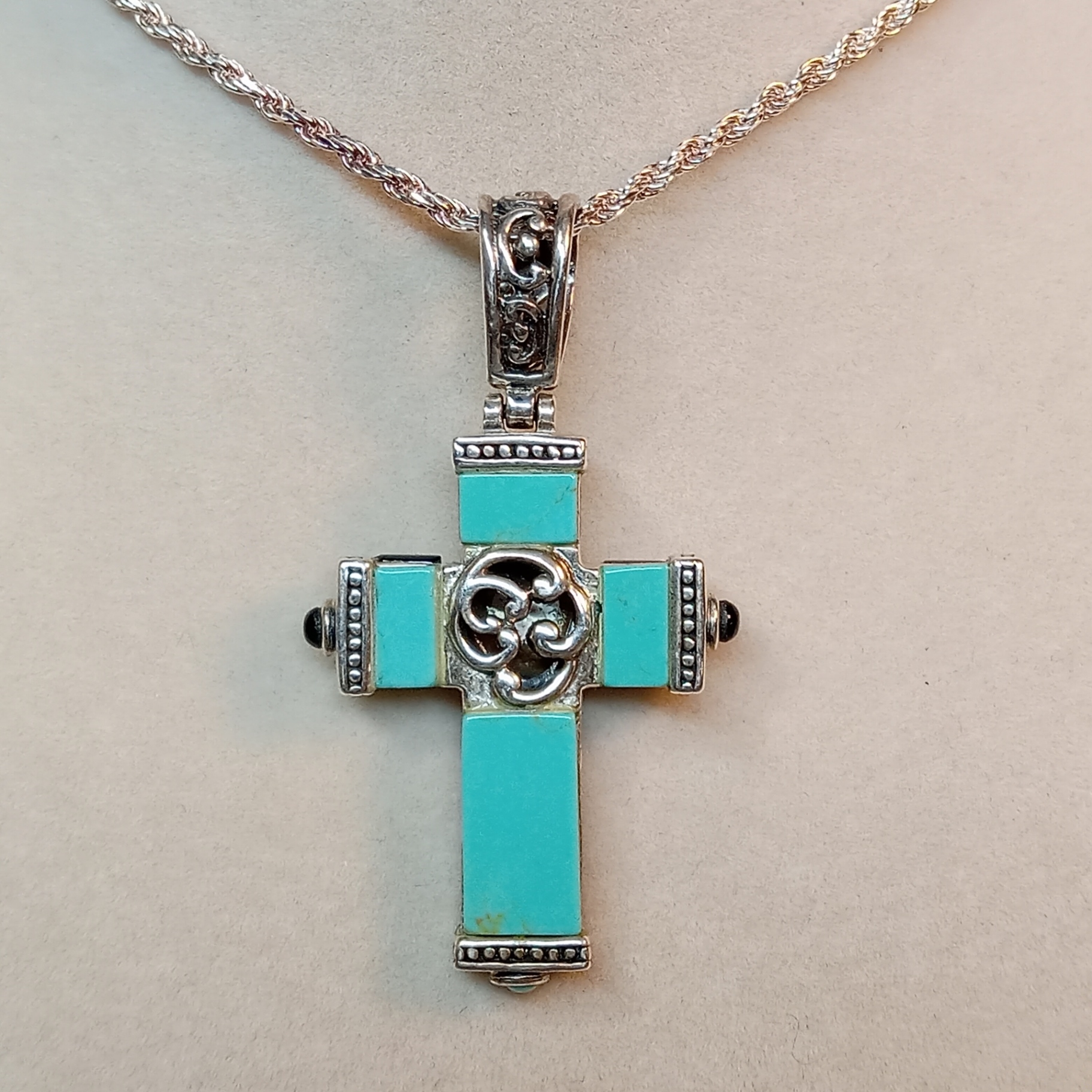 Sterling, Onyx, & Turquoise Reversible Crucifix (STR 10.2dwt) - image 3 of 10