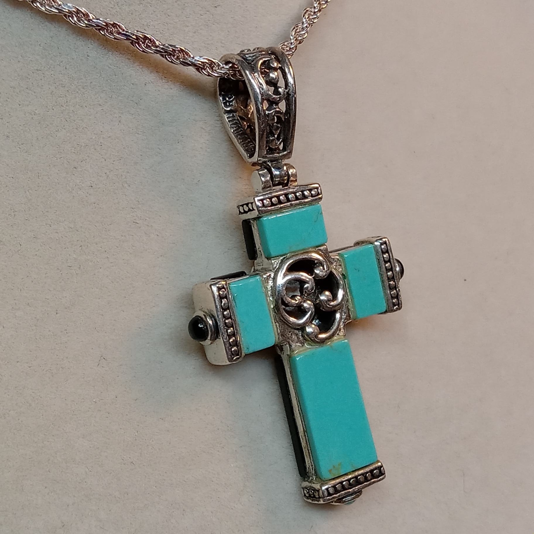 Sterling, Onyx, & Turquoise Reversible Crucifix (STR 10.2dwt) - image 4 of 10
