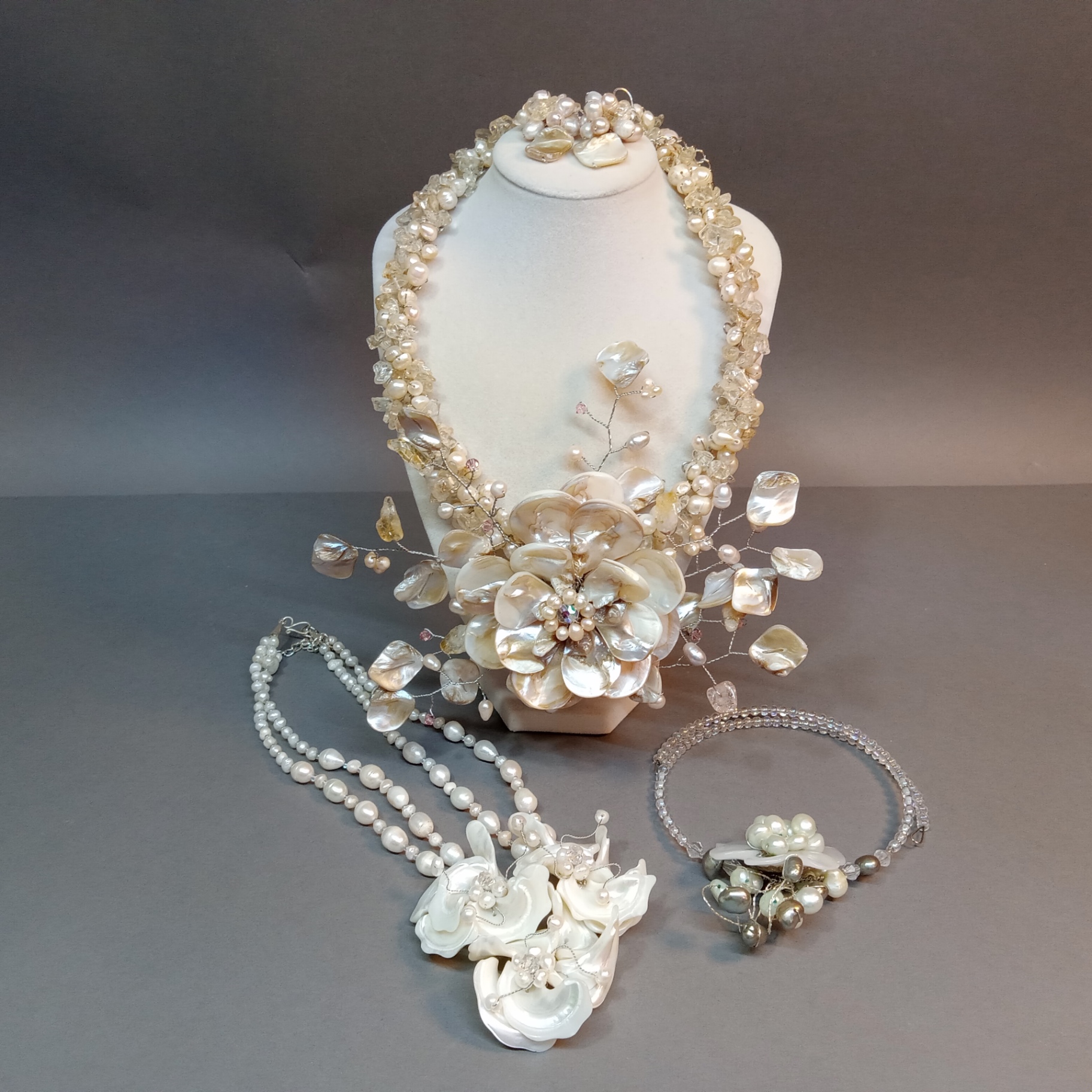 Hand Beaded Floral Jewelry - Pearls & Shells - image 1 of 16