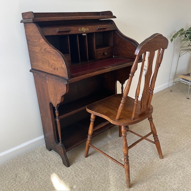 Antique English Oak Roll-Top Secretary & Chair - image 1 of 5