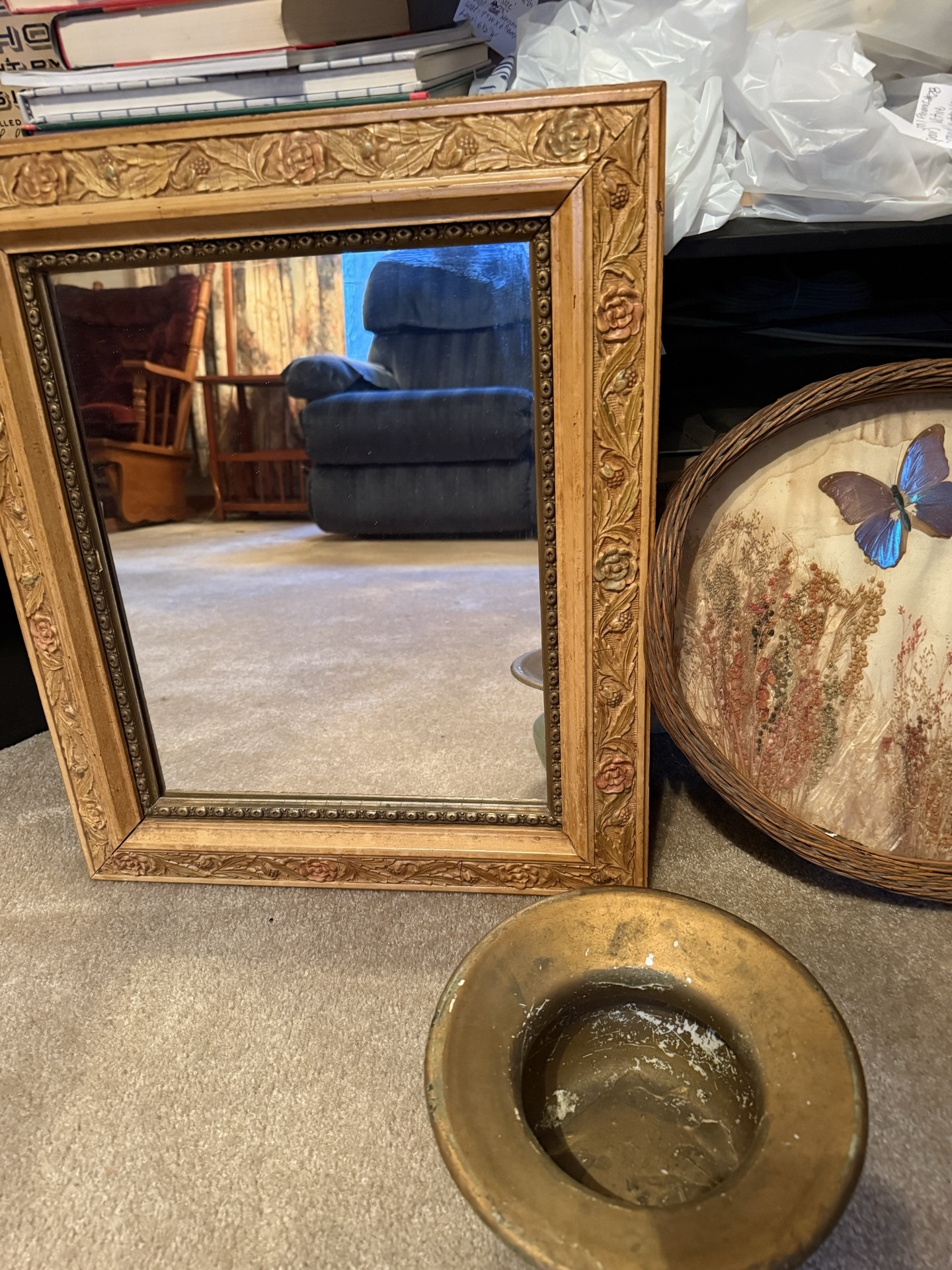 Ornate gold-framed mirror, butterfly botanical tray, and green ceramic pot - image 1 of 5