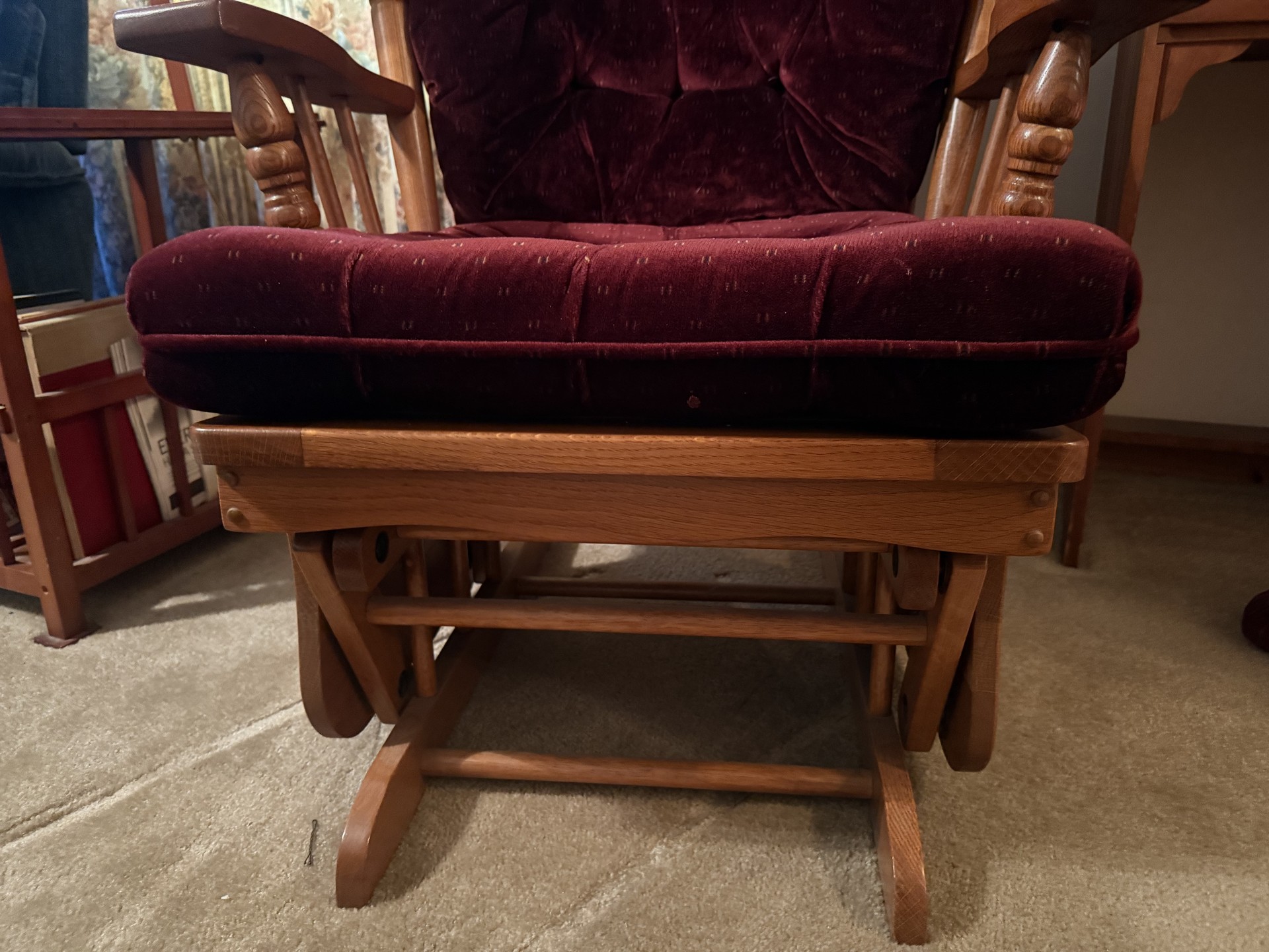 Wooden glider chair with matching burgundy tufted ottoman - image 11 of 12