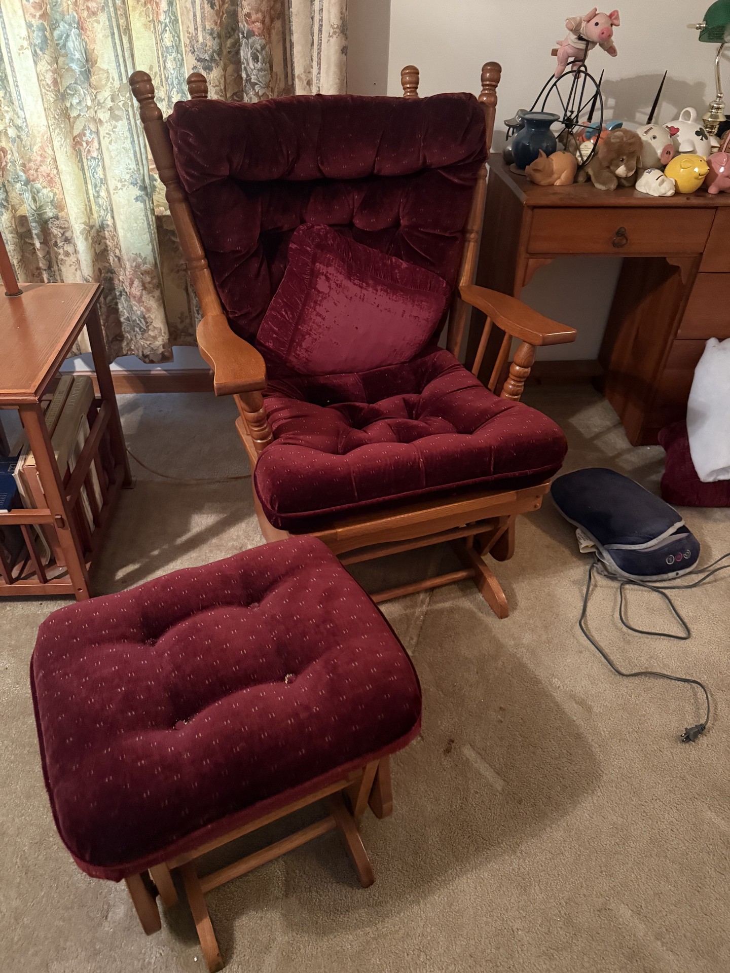 Wooden glider chair with matching burgundy tufted ottoman - image 1 of 12