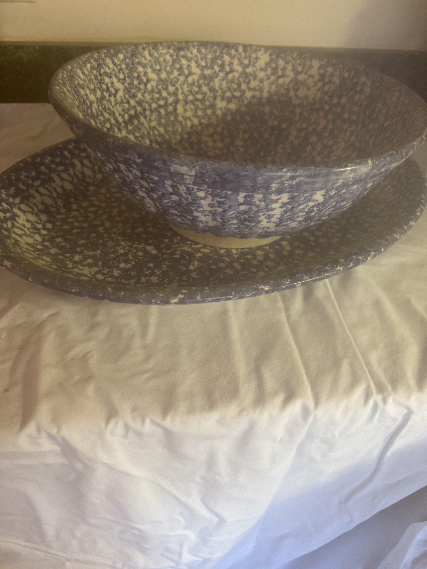 Roma Bowl Vintage blue speckled ceramic bowl and matching platter - image 1 of 9