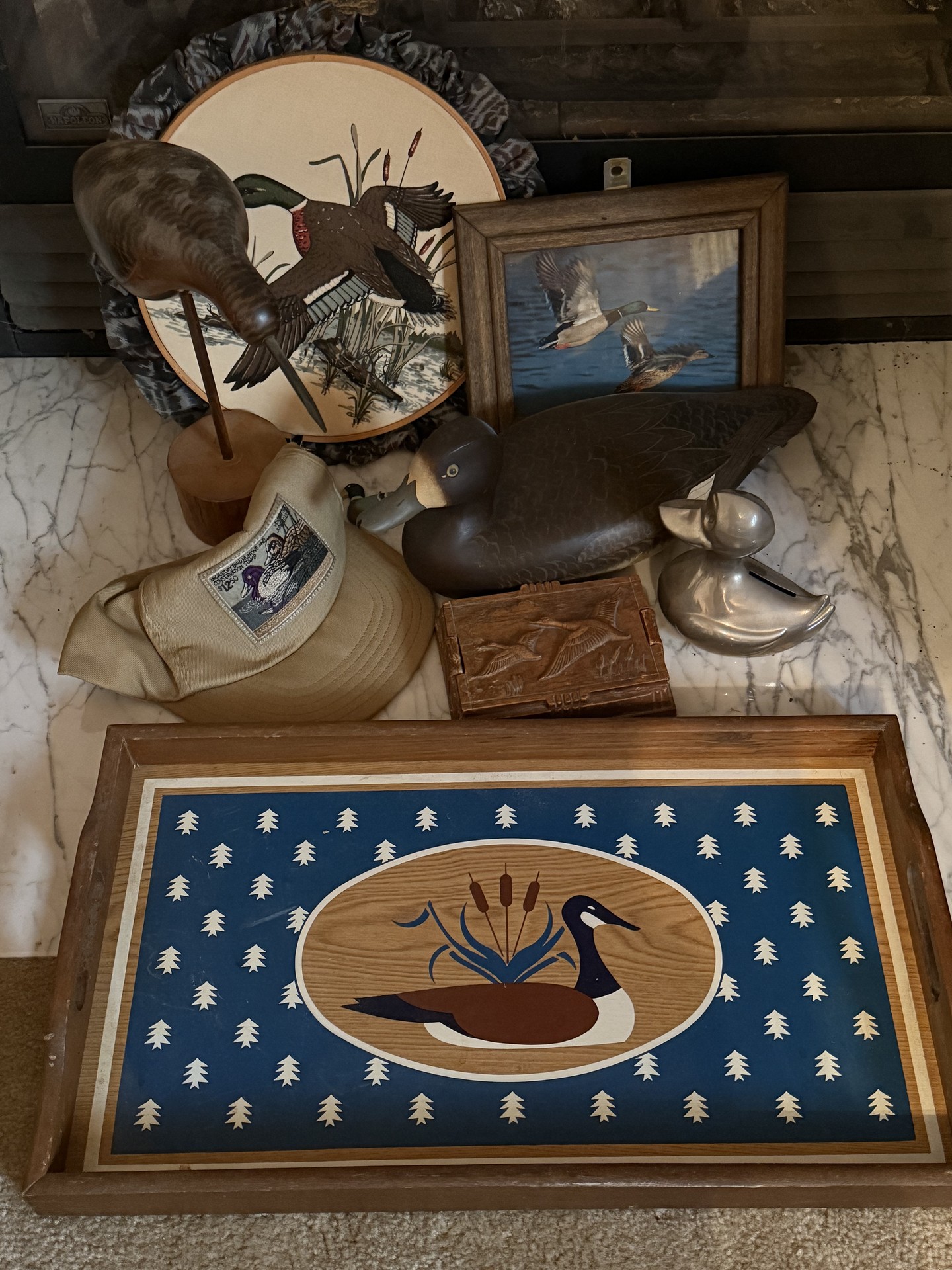 Duck-themed decorative collection with carved decoys, metal bank, and framed art - image 1 of 20