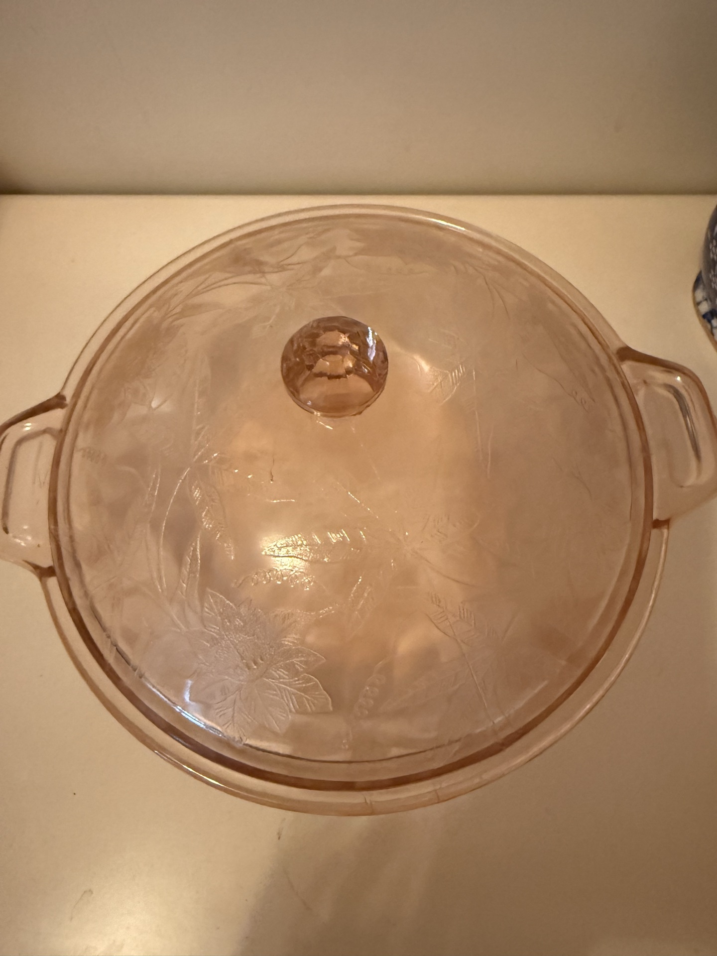 Rubian Art Blue and White Floral Ceramic Pot with Lid and Depression glass Pink Etched Glass Covered Dish - image 2 of 7