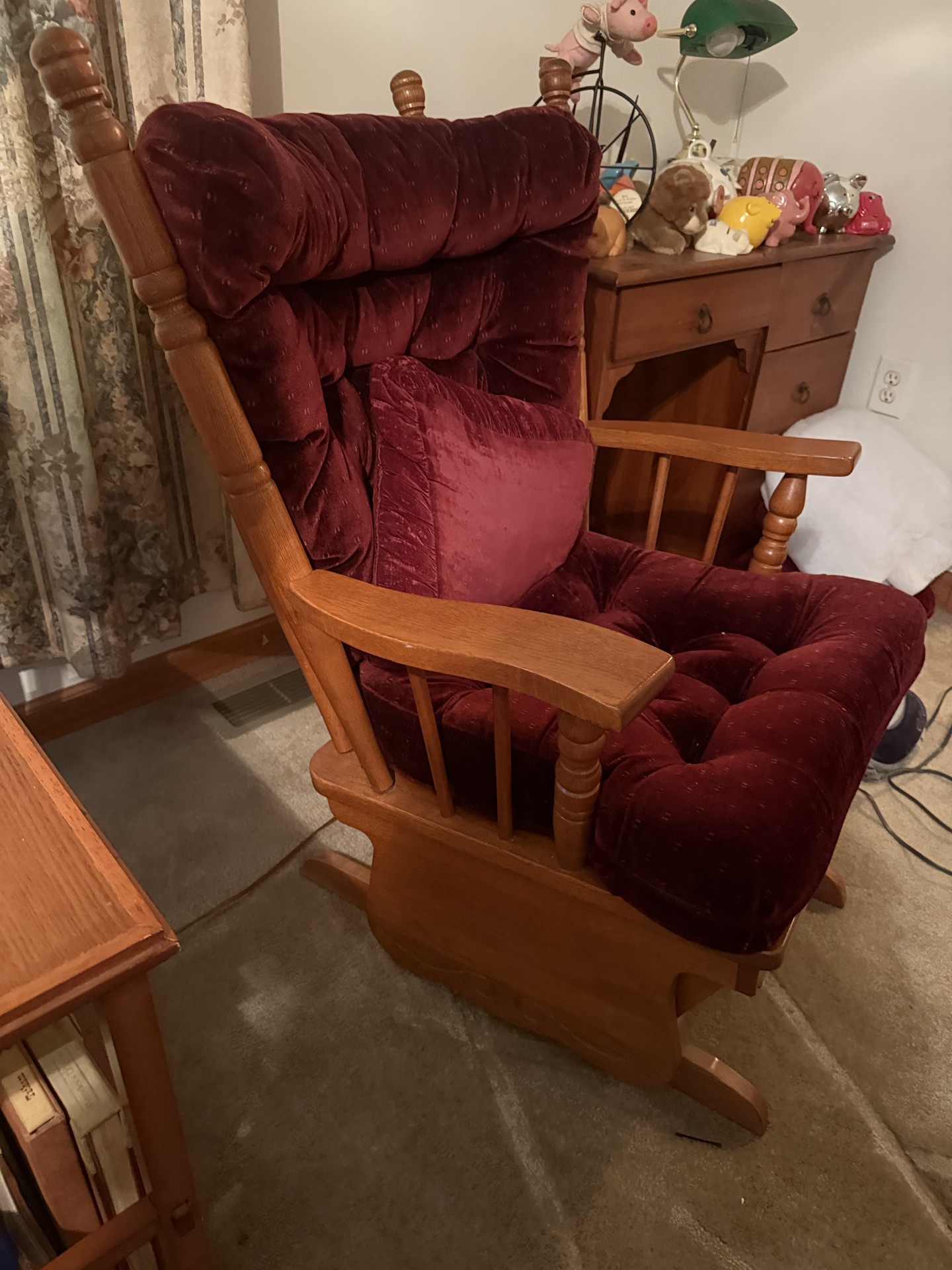 Wooden glider chair with matching burgundy tufted ottoman - image 5 of 12