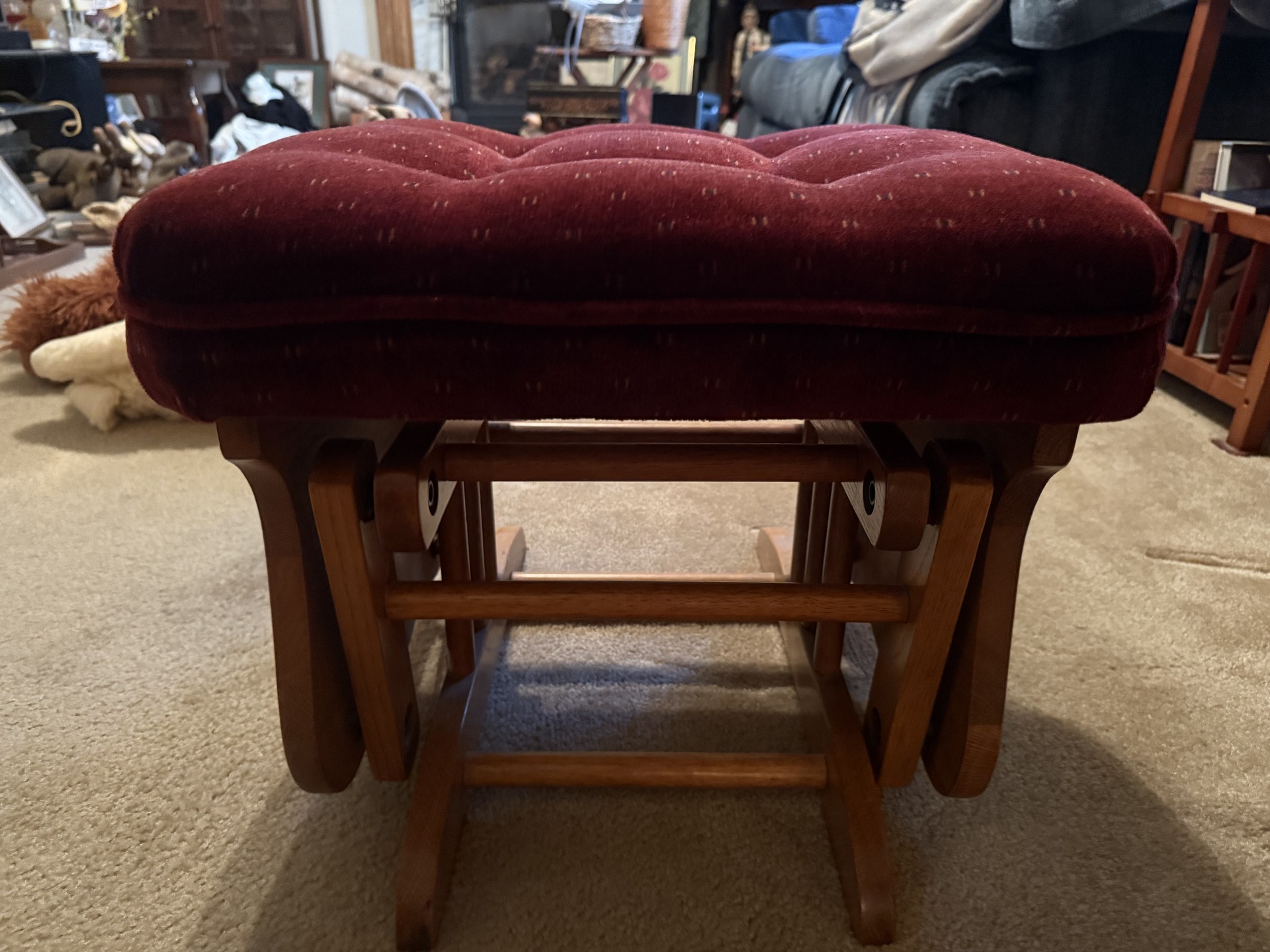 Wooden glider chair with matching burgundy tufted ottoman - image 10 of 12