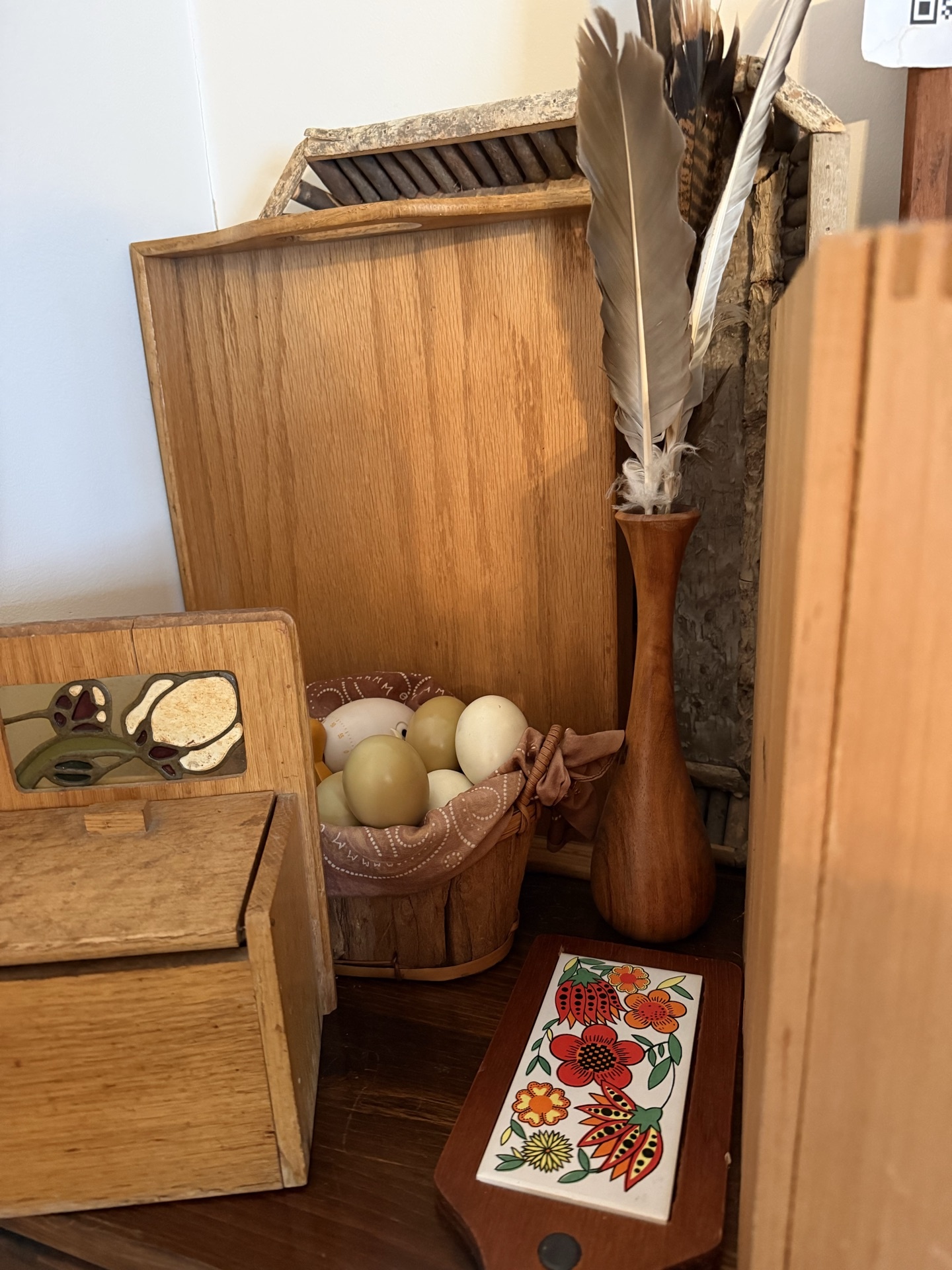 Wooden decor group with feathered vase, egg basket, stained-glass box, and Athol 225th plaque - image 1 of 6