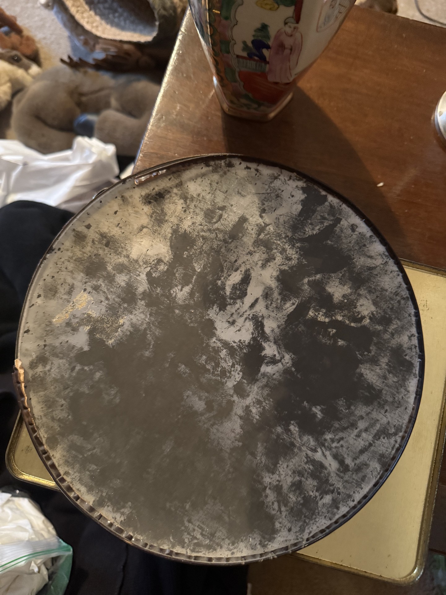 Floral decorative tins, a ceramic vase with fabric roses, and a decorative plate with a vintage photo - image 5 of 6