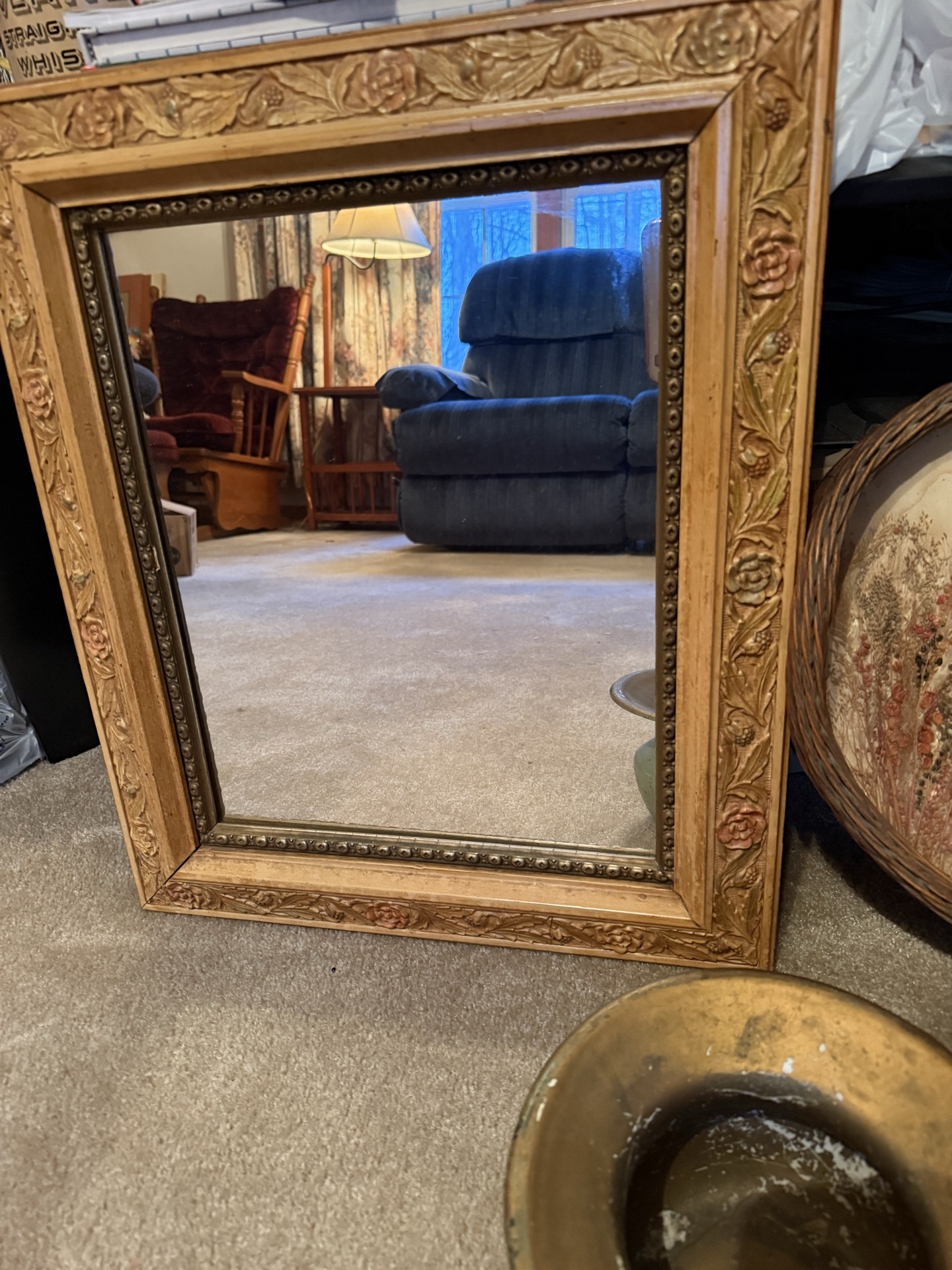 Ornate gold-framed mirror, butterfly botanical tray, and green ceramic pot - image 4 of 5