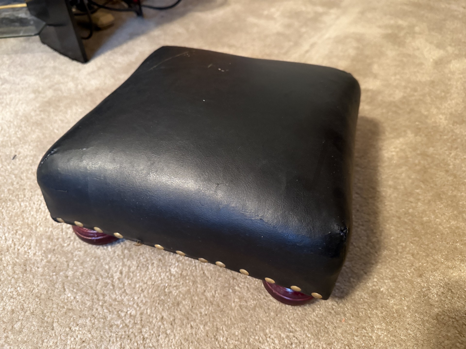 Square black leather-top stool with wooden ball feet - image 5 of 9