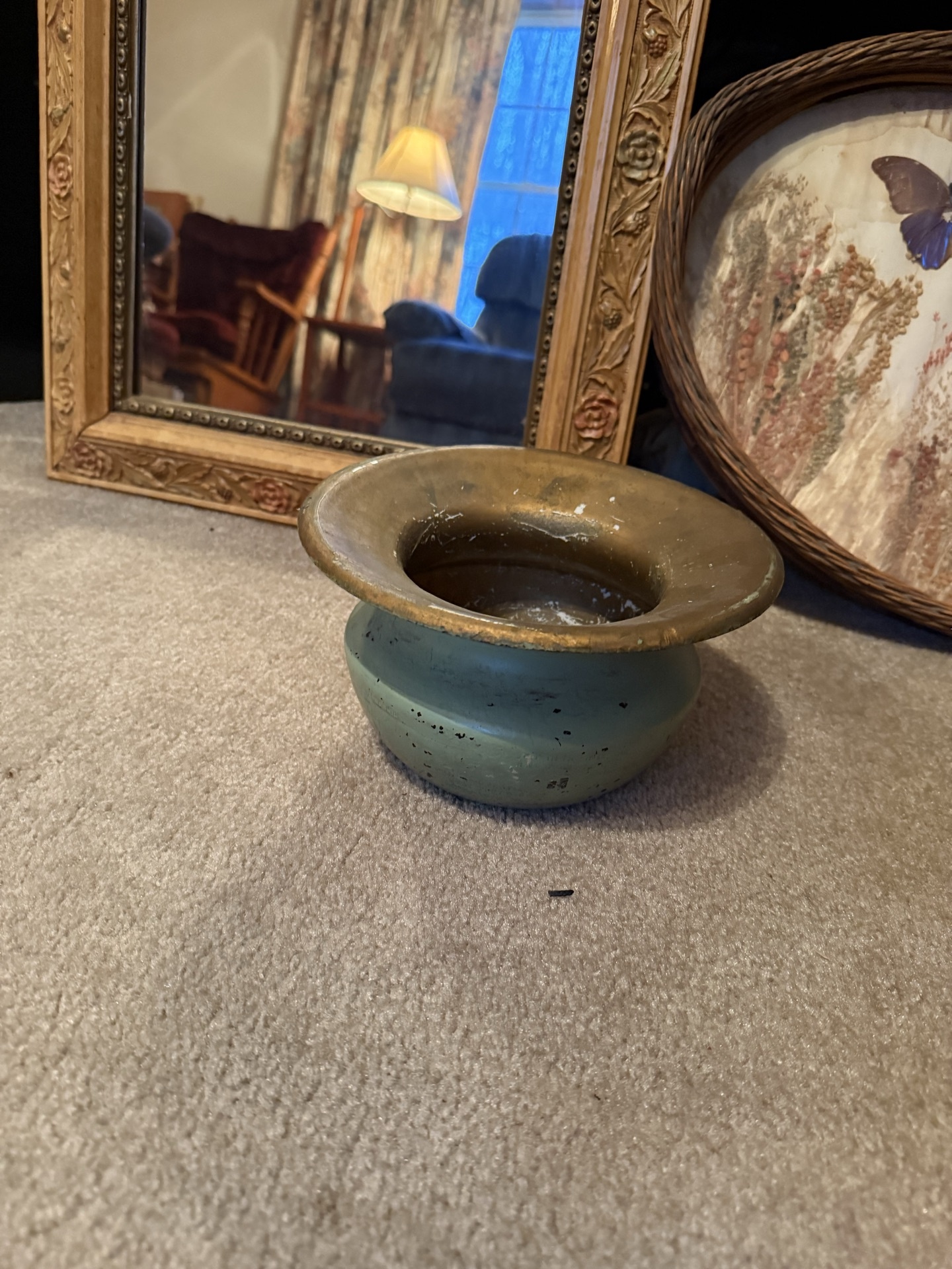 Ornate gold-framed mirror, butterfly botanical tray, and green ceramic pot - image 3 of 5