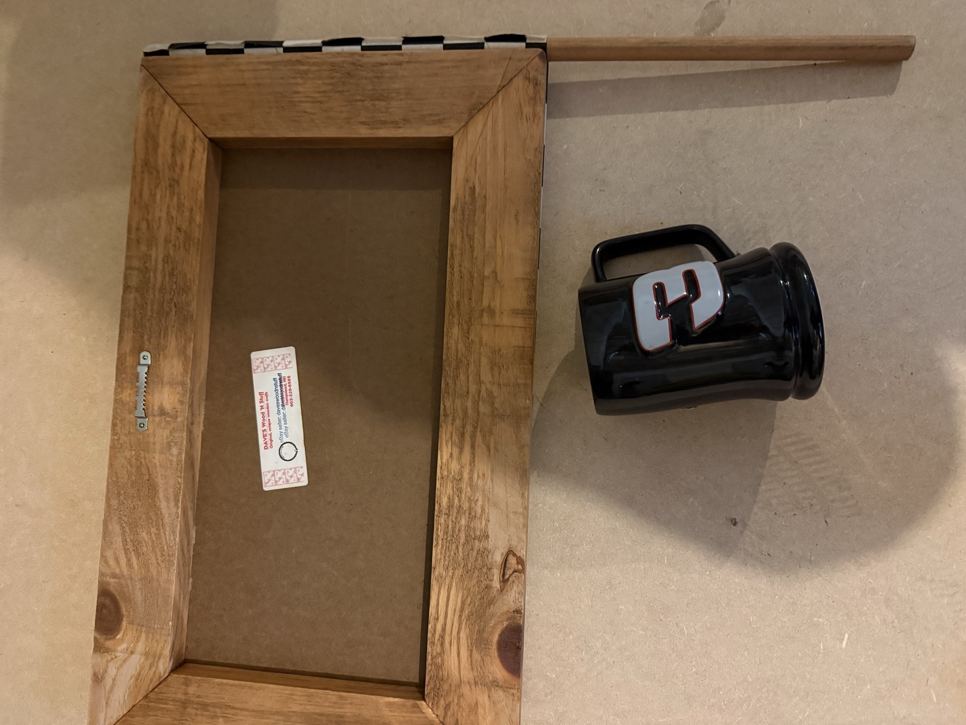 Wooden race car sculpture, black mug, and wooden picture frame - image 3 of 4
