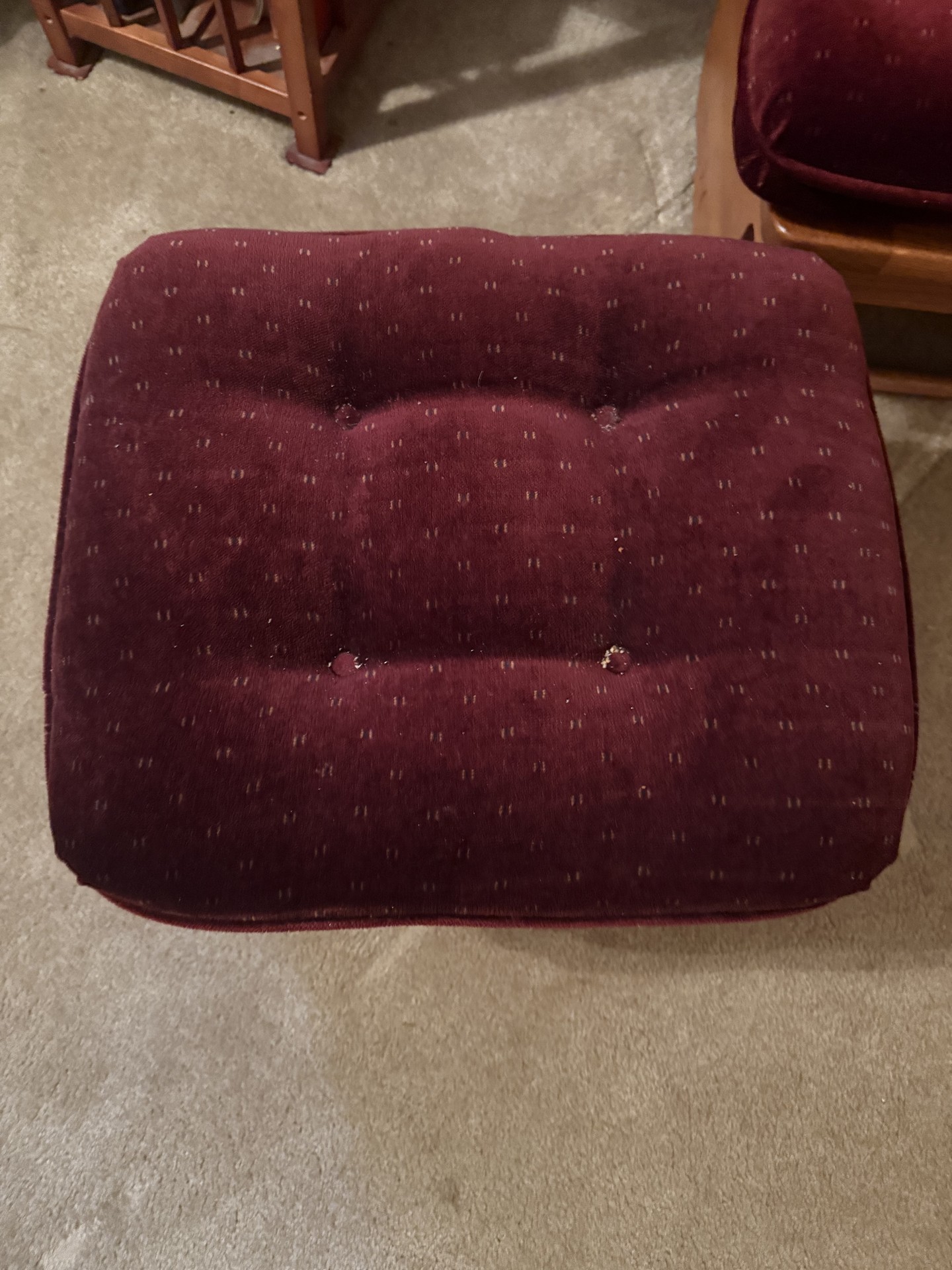 Wooden glider chair with matching burgundy tufted ottoman - image 3 of 12