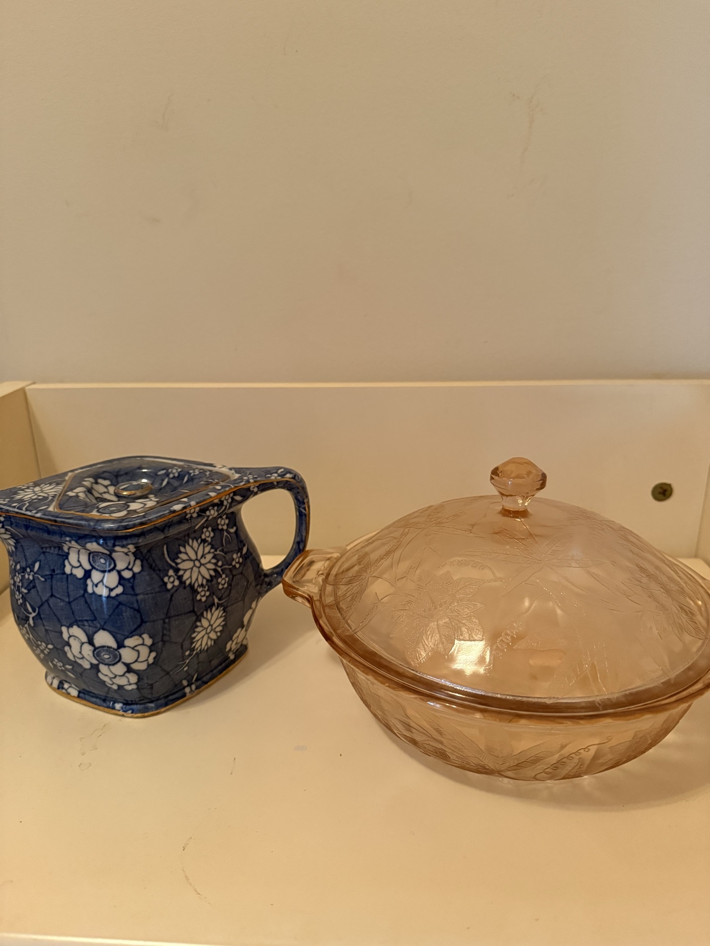 Rubian Art Blue and White Floral Ceramic Pot with Lid and Depression glass Pink Etched Glass Covered Dish - image 1 of 7
