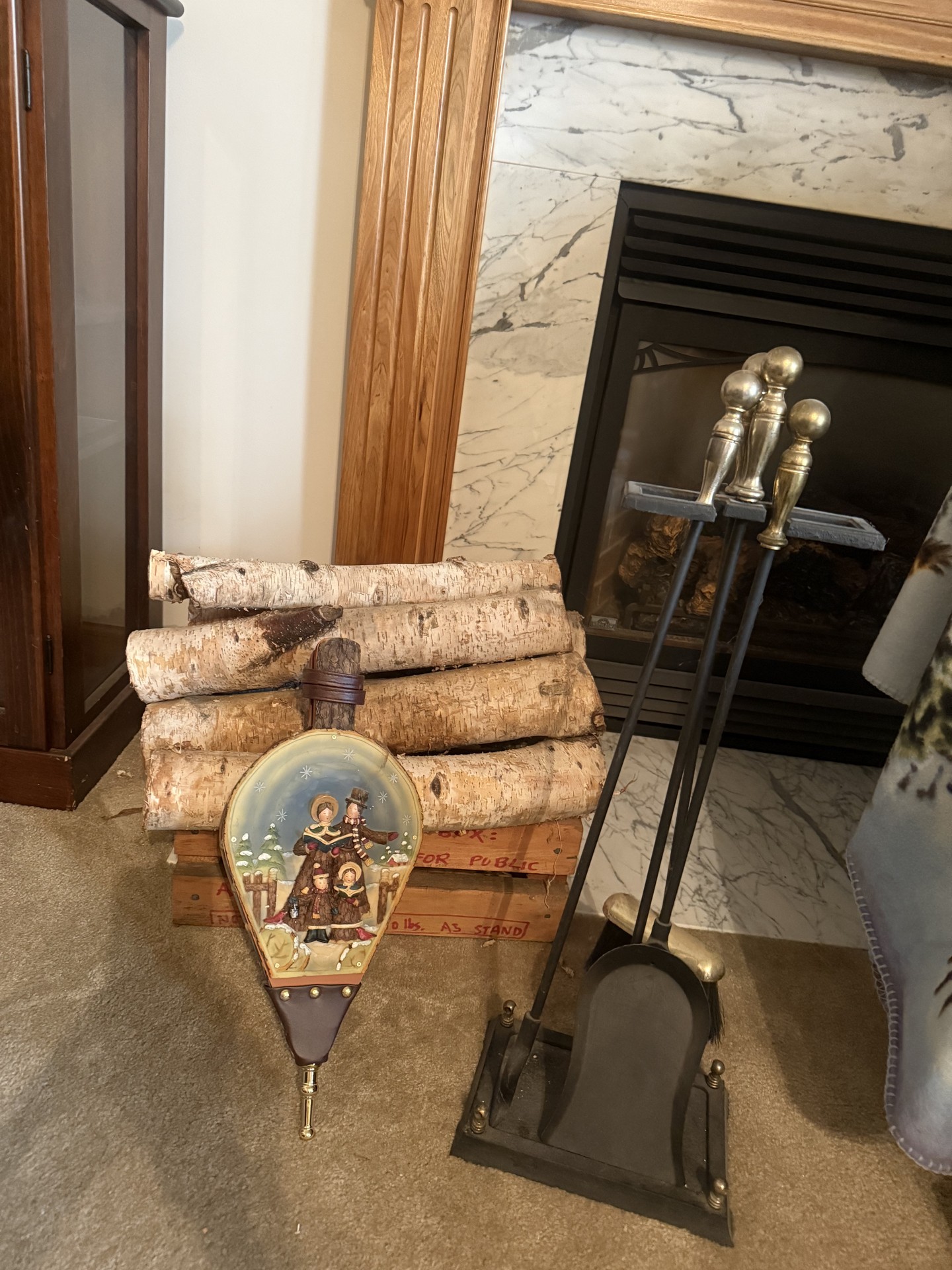 Birch log bundle with fireplace tools and vintage decorations - image 2 of 13