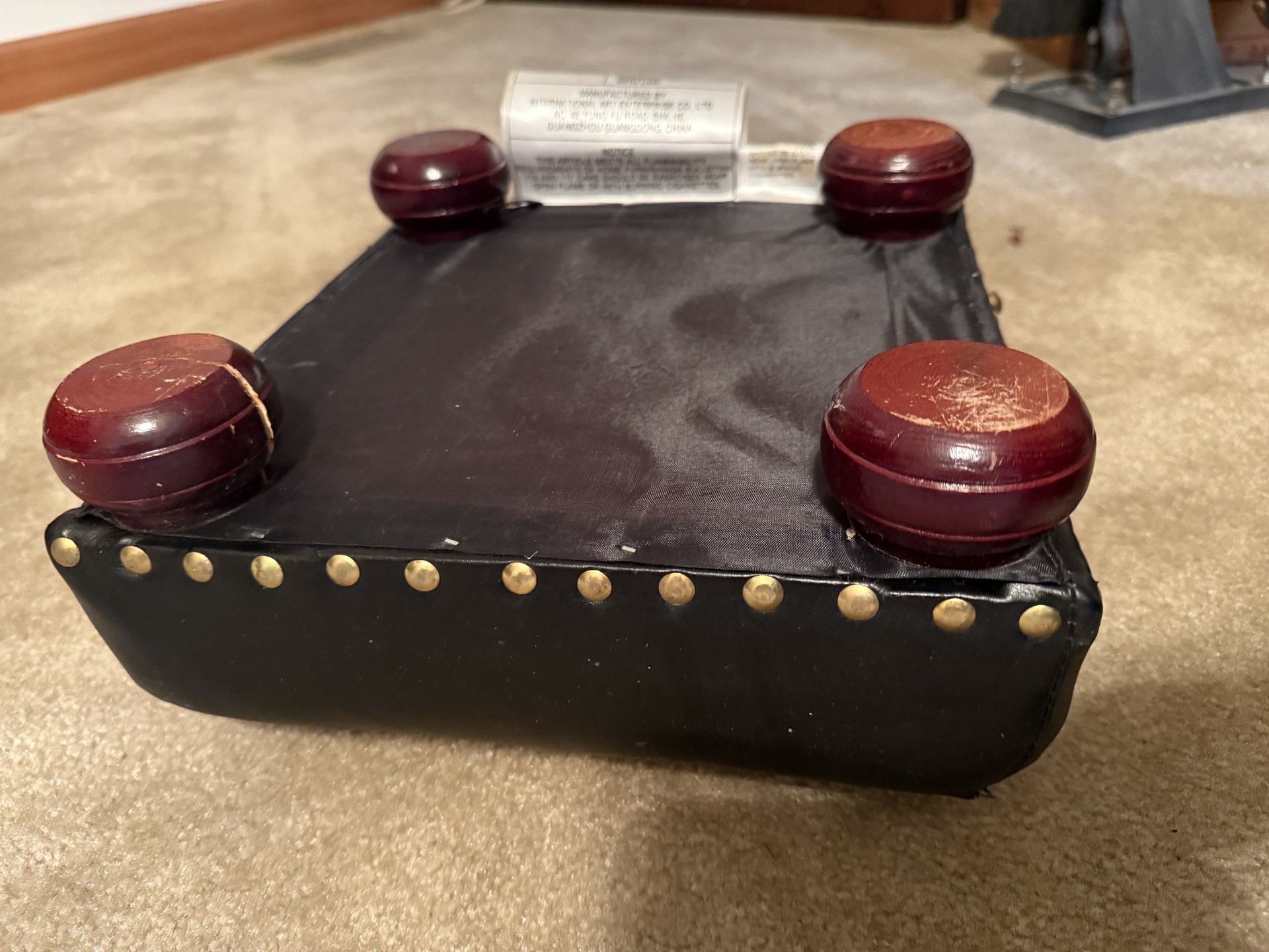 Square black leather-top stool with wooden ball feet - image 4 of 9
