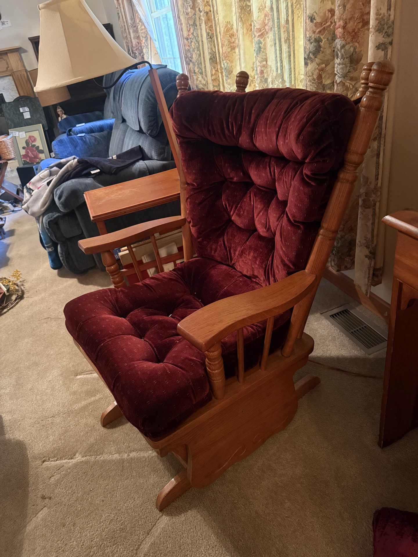 Wooden glider chair with matching burgundy tufted ottoman - image 8 of 12