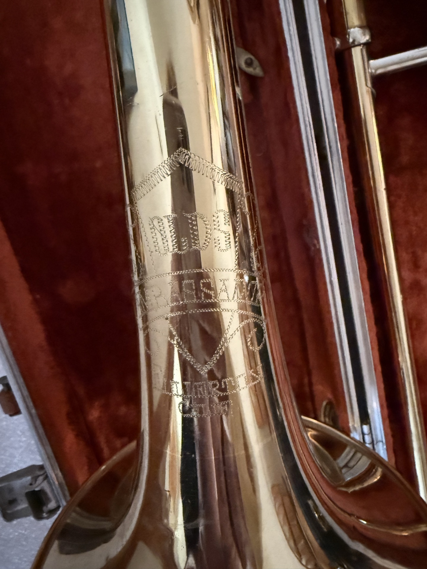 Brass trombone in a brown plush-lined case - image 5 of 7