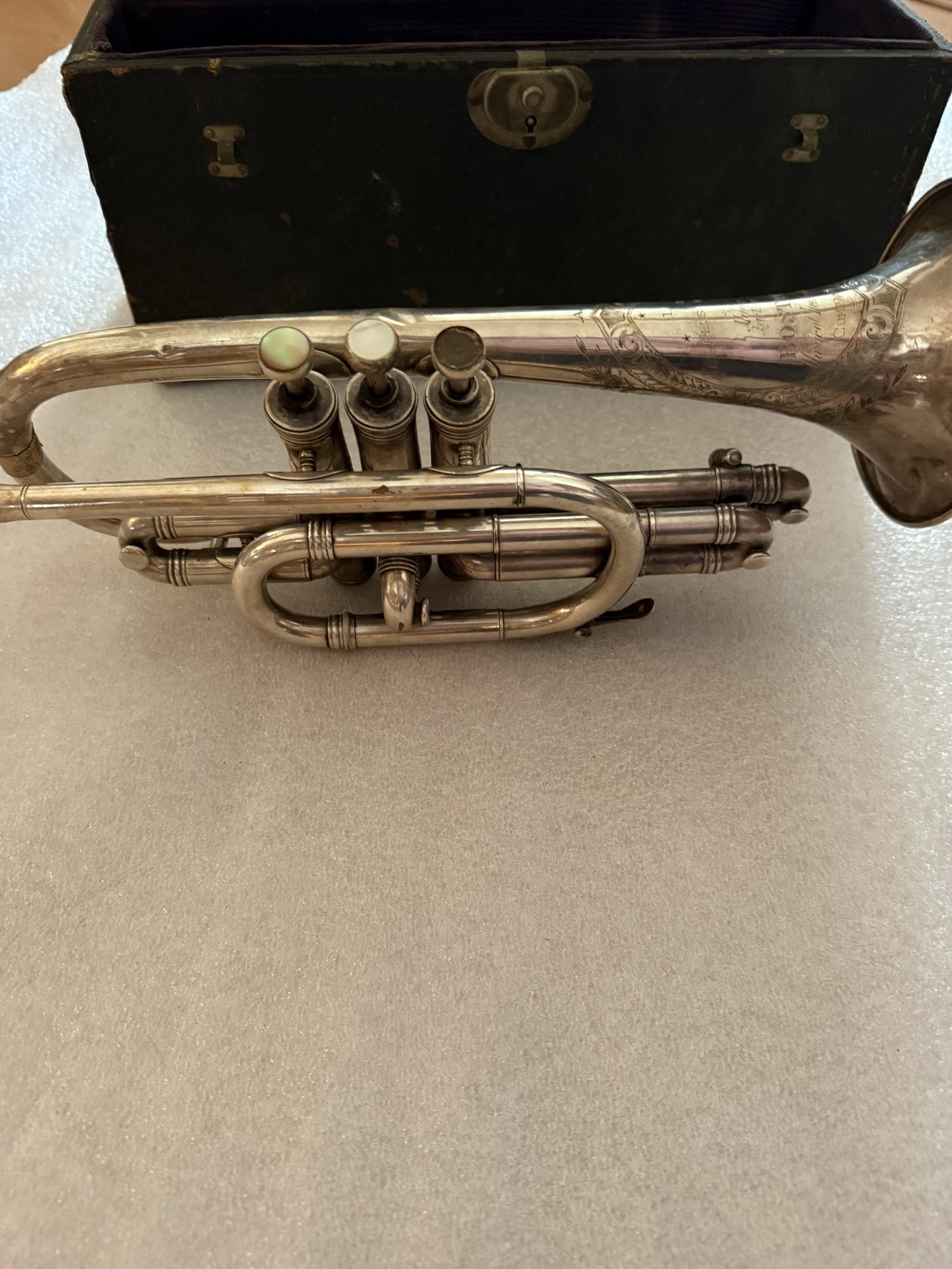Boston Cornets Antique silver-plated cornet with engraved bell in a hard case - image 4 of 7
