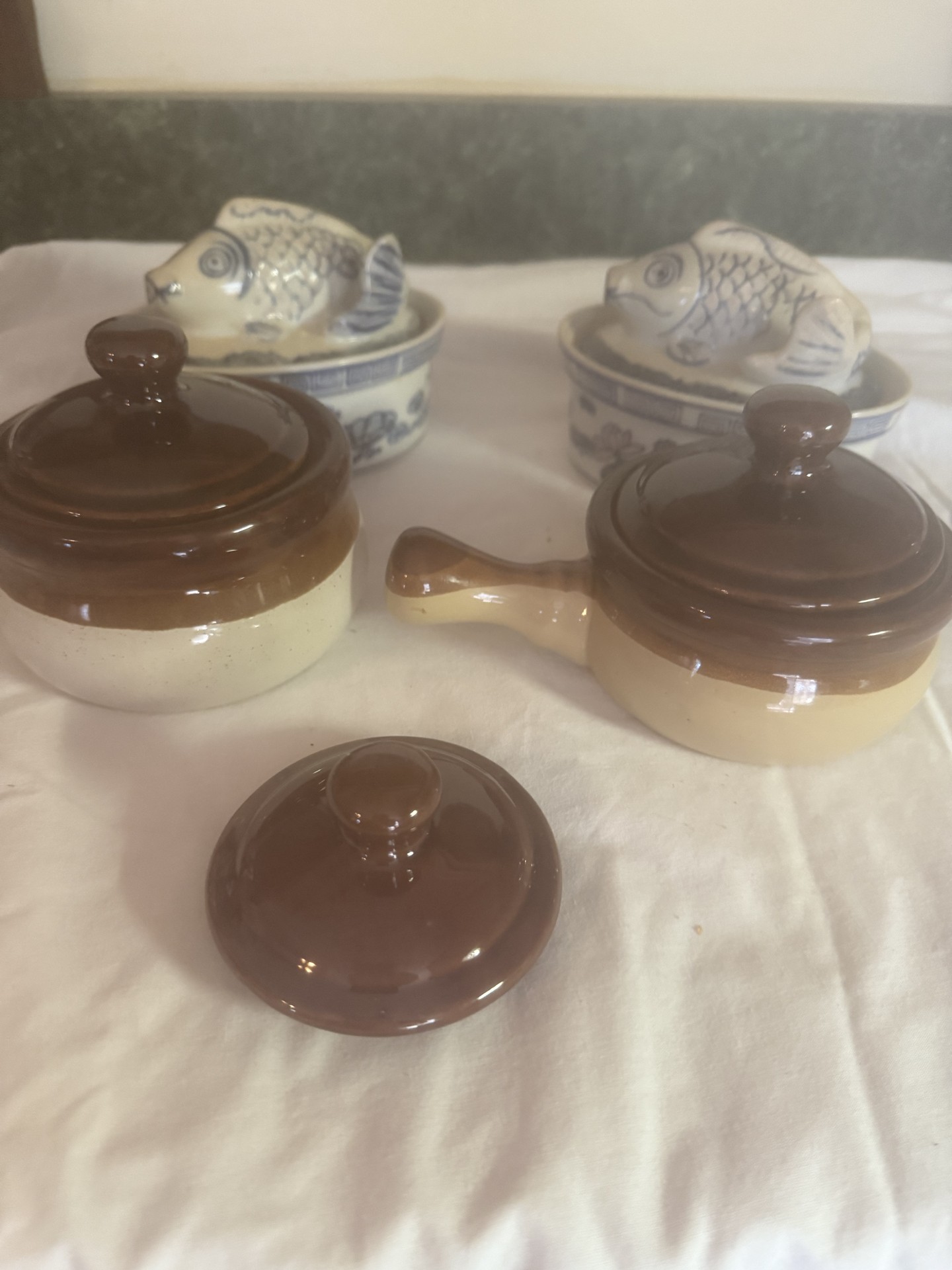 Brown-glazed ceramic jars and koi-fish covered dish with blue-and-white porcelain motifs - image 1 of 10