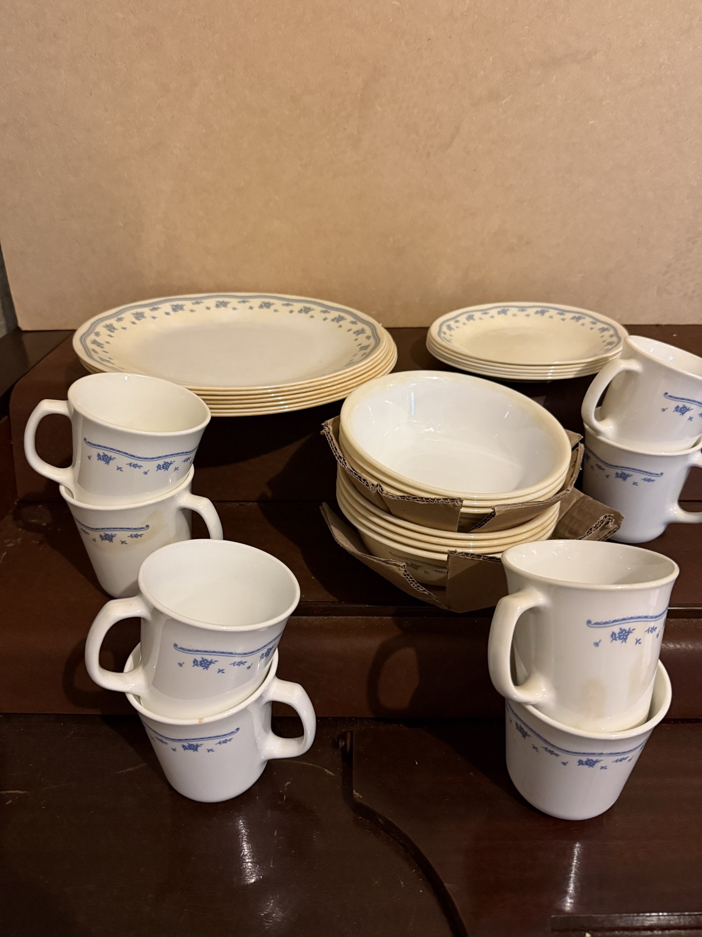 Corelle Blue floral border dinnerware set with mugs and bowls - image 1 of 5